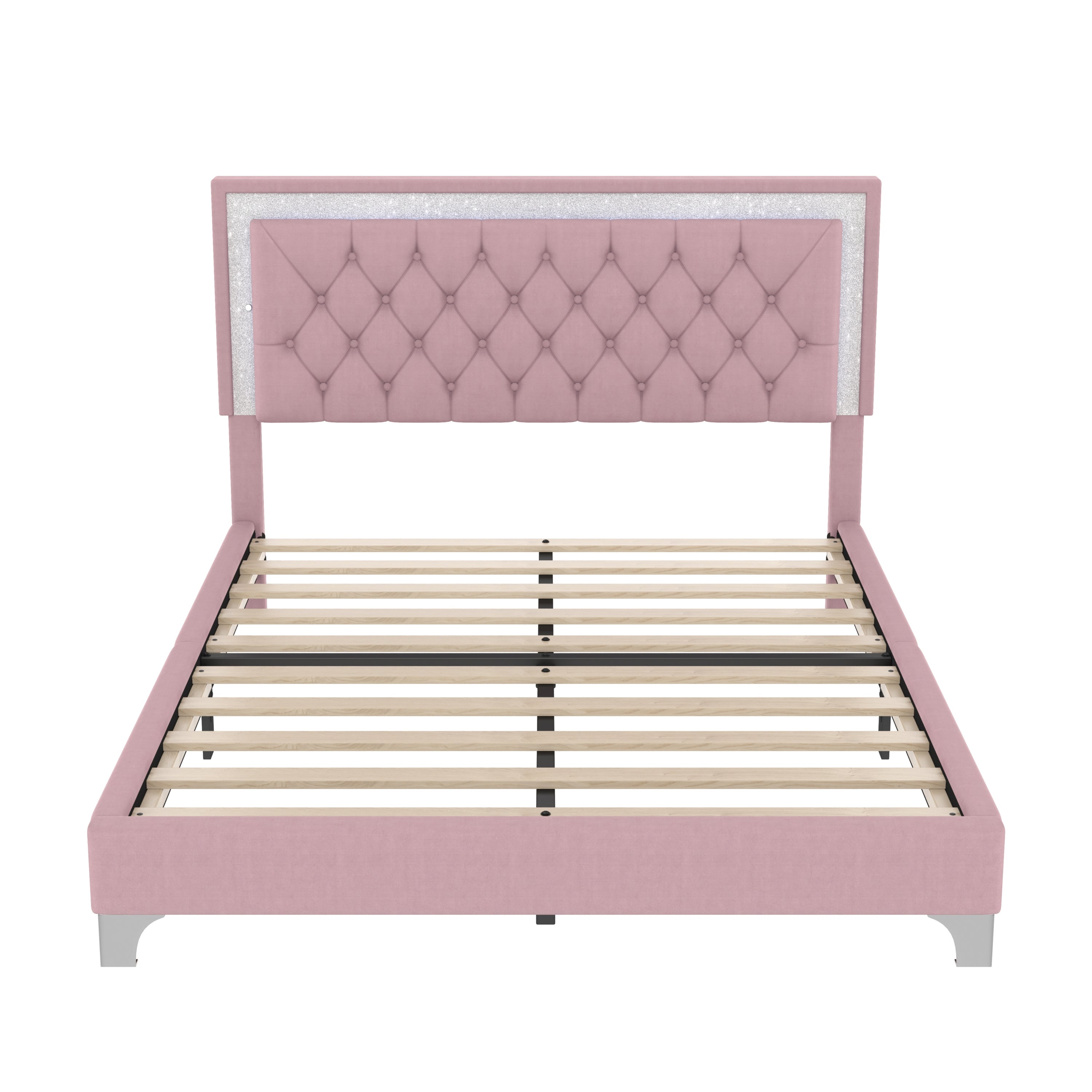 3-Pieces Bedroom Sets,Queen Size Upholstered Platform Bed with LED Lights and Two Nightstands-Pink