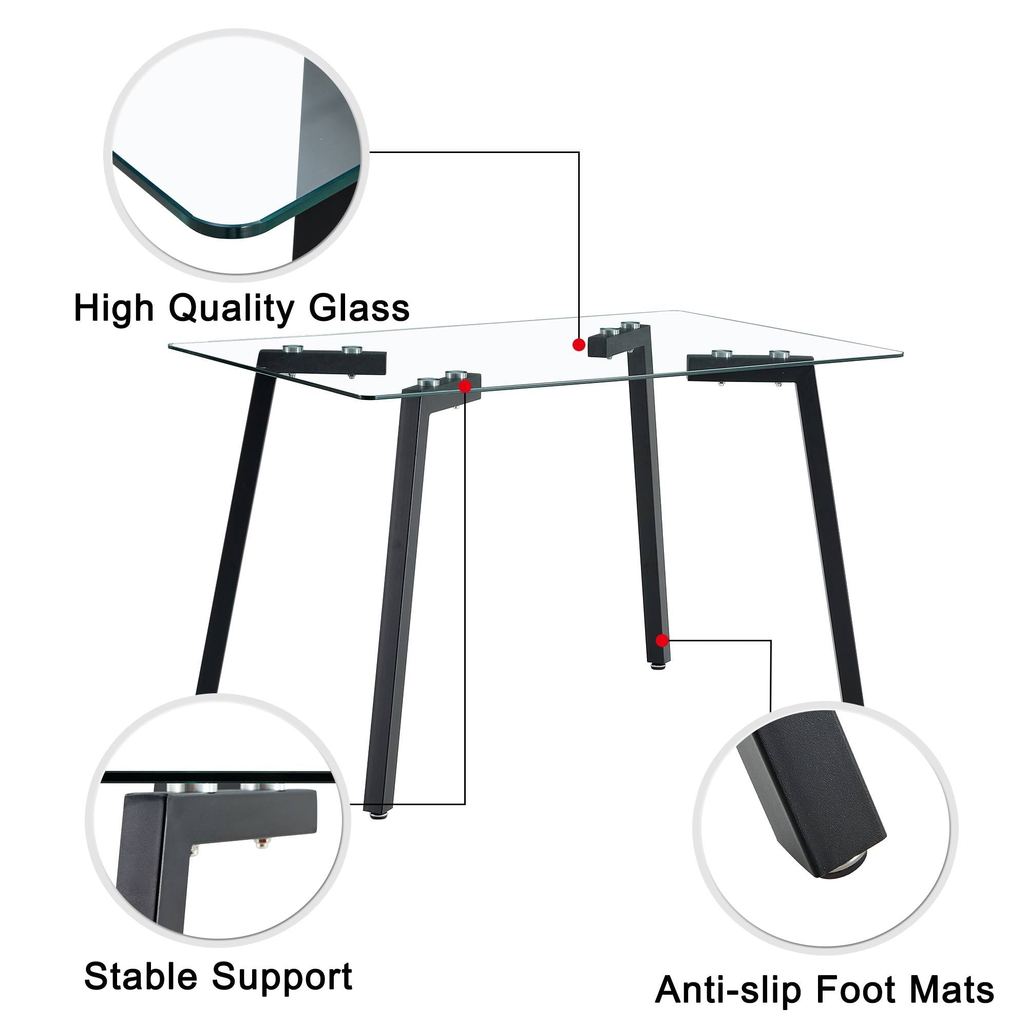 Modern Minimalist Rectangular Glass Dining Table with 0.31' Tempered Glass Tabletop and Black Coating Metal Legs, Writing Table Desk, for Kitchen Dining Living Room, 51' W x 31'D x 30' H.W1151S01839
