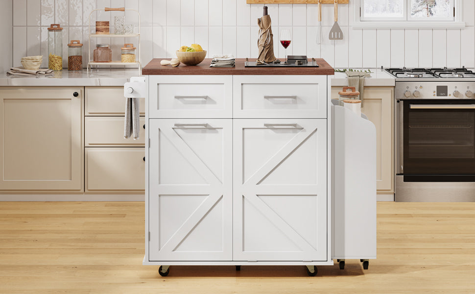 K&K 47.2' Farmhouse Kitchen Island with Drop Leaf, Kitchen Storage Island with Removable Side Racks, Two Drawers, Rolling Kitchen Cart on Wheels with Towel Rack, for Home, Kitchen, Dining Room, White
