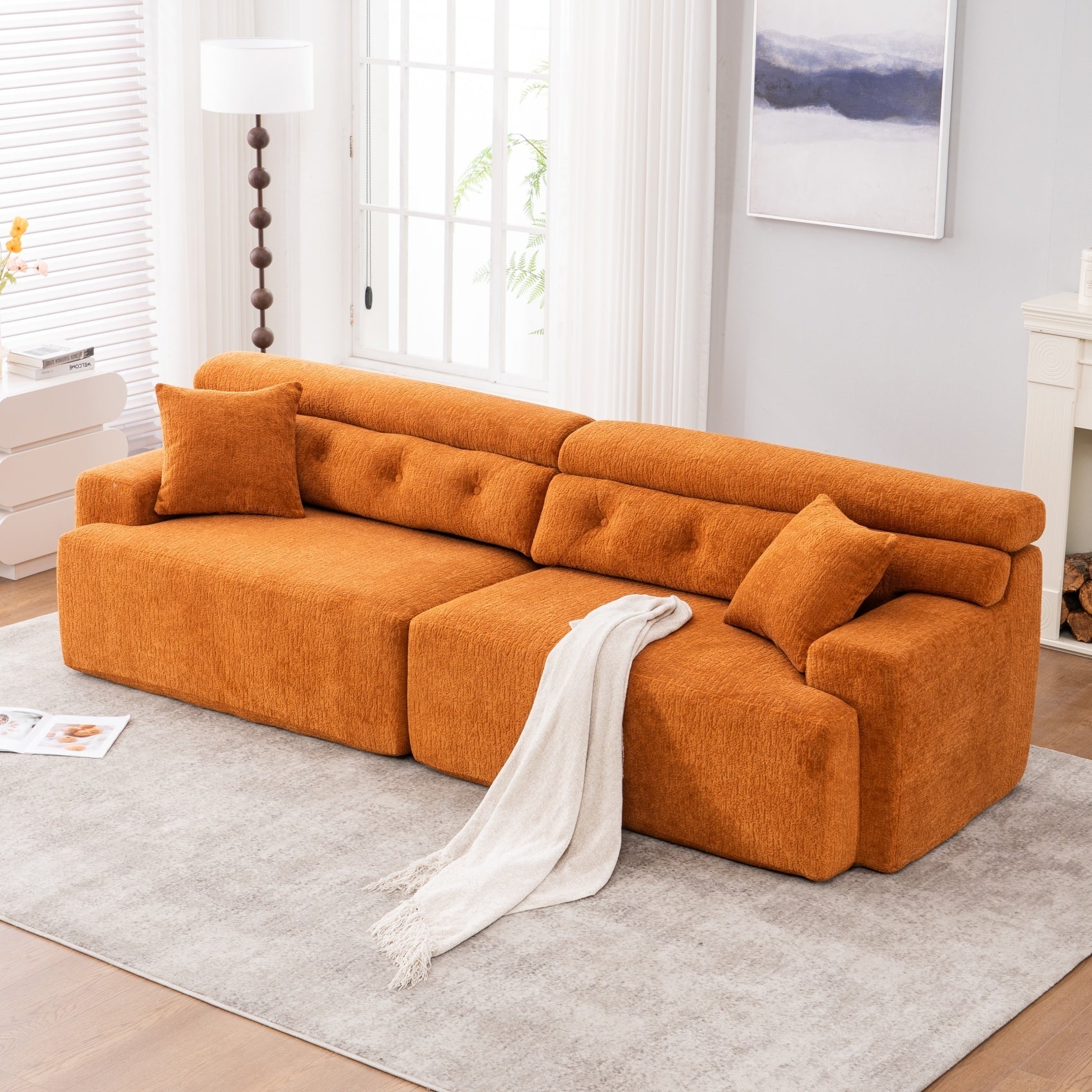 LY-029 Reconfigurable 4-Seater Sectional Sofa with Wood Grain Chenille Fabric, Amber Orange Modular Sofa with 2 Pillows, High-Density Sponge Couch for Living Room & Apartment