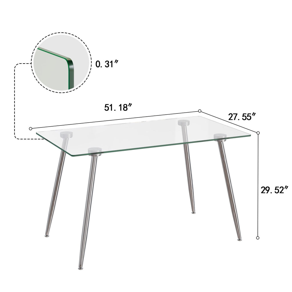 Glass Dining Table, Modern Rectangular Table with Tempered Glass Tabletop & Sliver metal Legs, Simplistic Kitchen Table, Versatile Table for Home Office (0 damage)