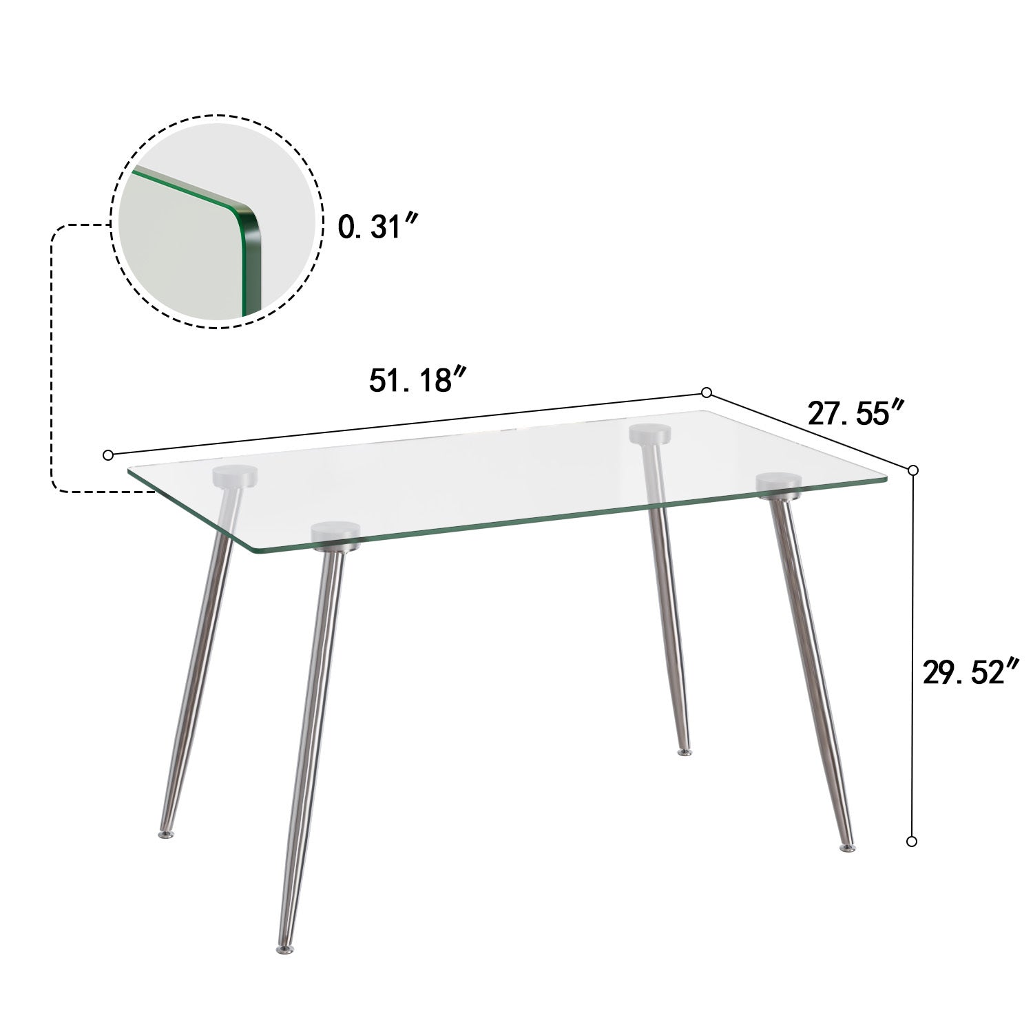 Glass Dining Table, Modern Rectangular Table with Tempered Glass Tabletop & Sliver metal Legs, Simplistic Kitchen Table, Versatile Table for Home Office (0 damage)