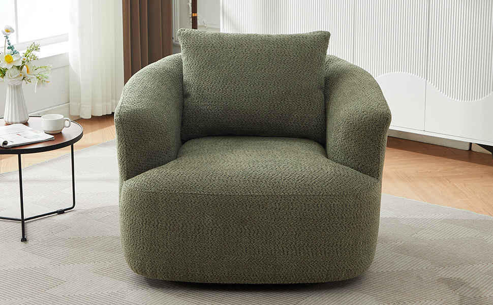 360° Swivel Chair, Chenille Upholstered Barrel Sofa Chair with Throw Pillow, Green, 38.2' for Living Room, Bedroom, Office