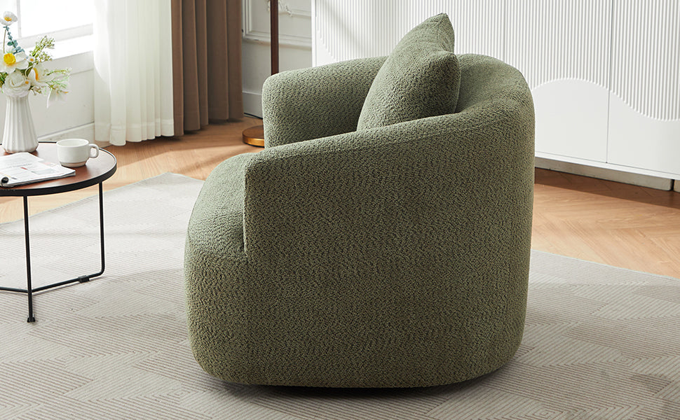 360° Swivel Chair, Chenille Upholstered Barrel Sofa Chair with Throw Pillow, Green, 38.2' for Living Room, Bedroom, Office