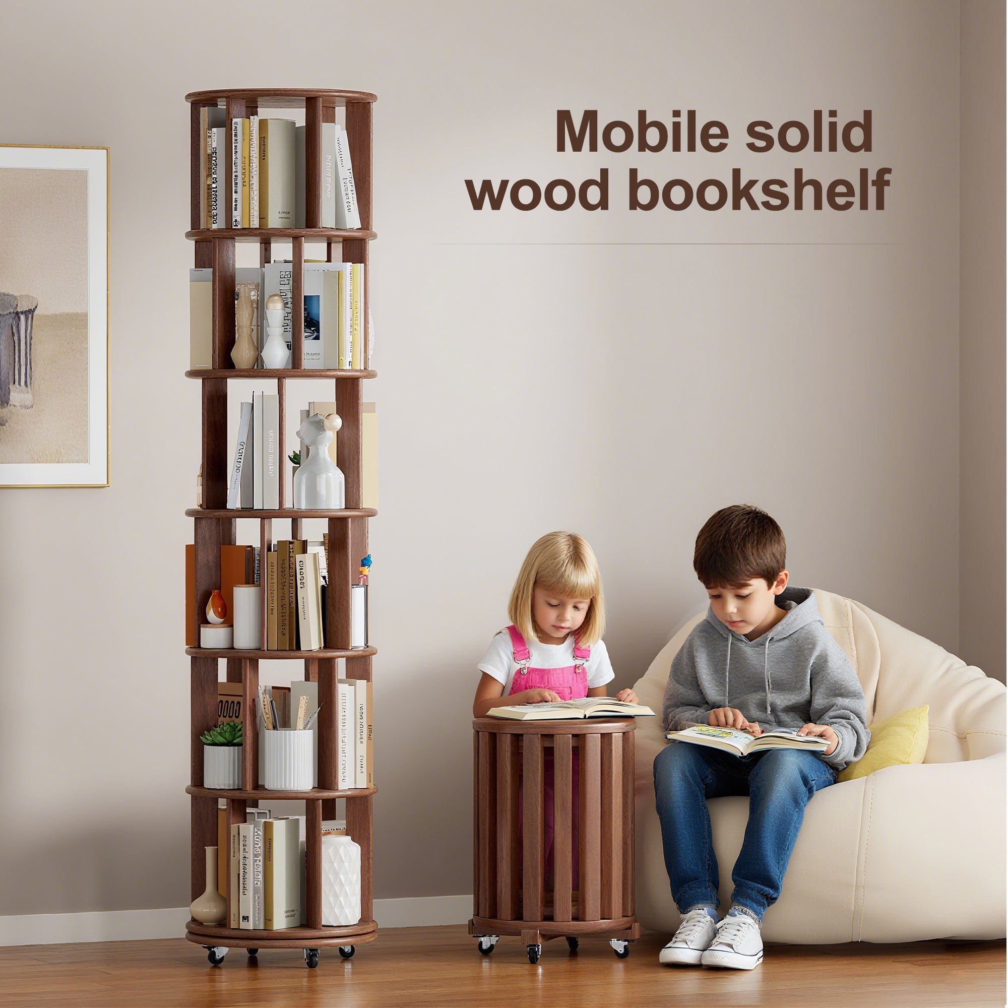 100%Solid Wood Rotating Bookshelf on Wheels, 6 Tier, Round Revolving Bookcase, 360° Spinning Book Shelf Tower for Kids, Narrow Rolling Bookshelves for Small Space, Corner, Bedroom, Office, Walnut