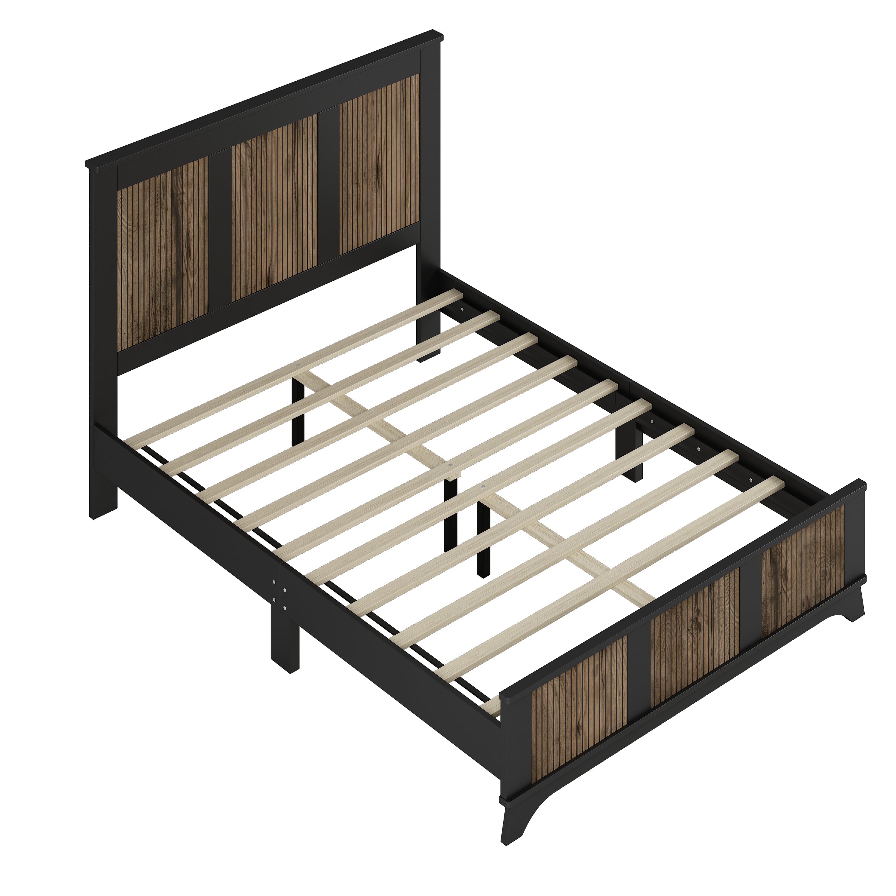 4-Pieces Bedroom Sets, Queen Size Farmhouse Platform Bed with Wooden Strip Stickers Decoration, Storage Nightstand and Dresser with Metal Handle, Black(Old SKU: HL000191AAB)