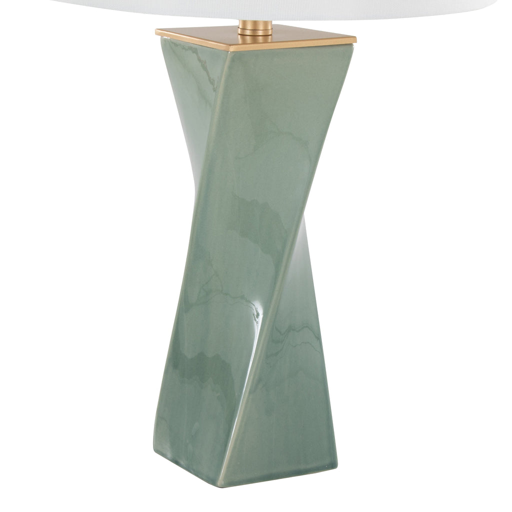 Curvo Square Contemporary 27' Ceramic Table Lamp in Sage Green Ceramic, Gold Metal, and White Linen by LumiSource