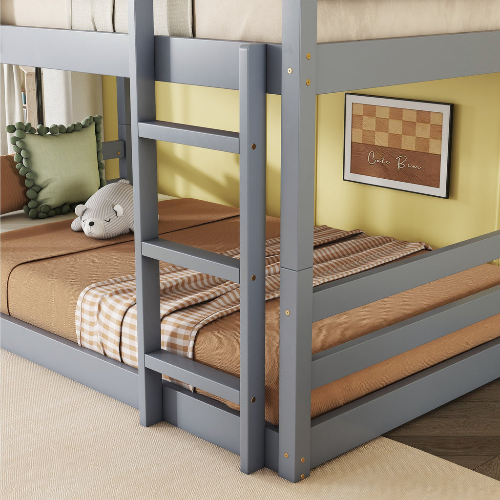 Triple Rubber Wood Bunk Bed with Two Built-in Ladders, Guardrails, Twin over Twin over Twin, Detachable Triple Twin Bunk Bed,Grey