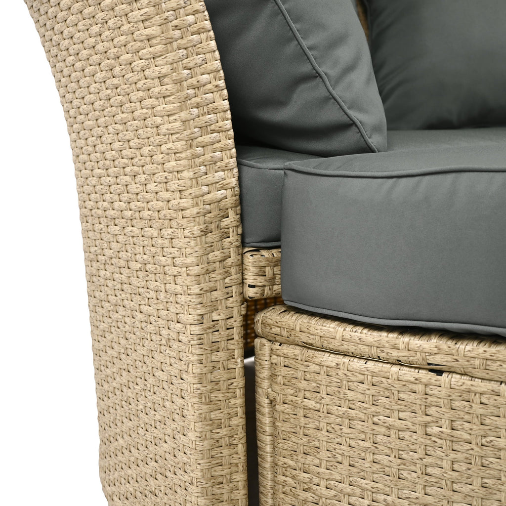 Outdoor Patio Daybed Wicker Rattan Double Daybed with Retractable Canopy, Grey, Polyester Upholstery, 71.7 x 63.4 x 62.2 inches