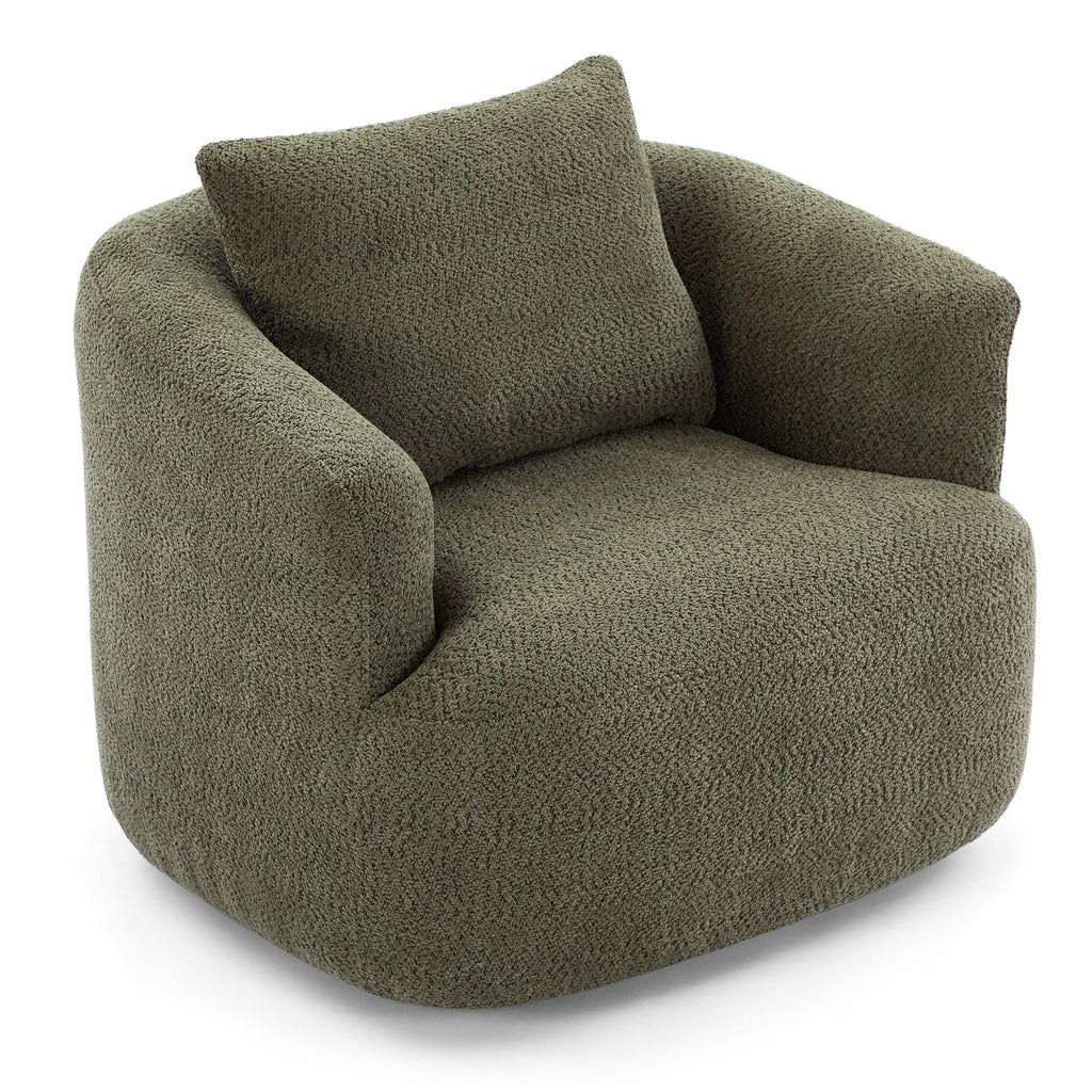 360° Swivel Chair, Chenille Upholstered Barrel Sofa Chair with Throw Pillow, Green, 38.2' for Living Room, Bedroom, Office