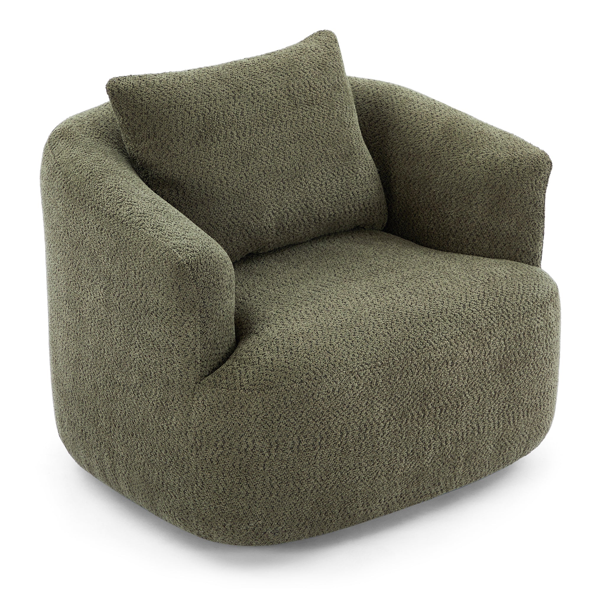 360° Swivel Chair, Chenille Upholstered Barrel Sofa Chair with Throw Pillow, Green, 38.2' for Living Room, Bedroom, Office