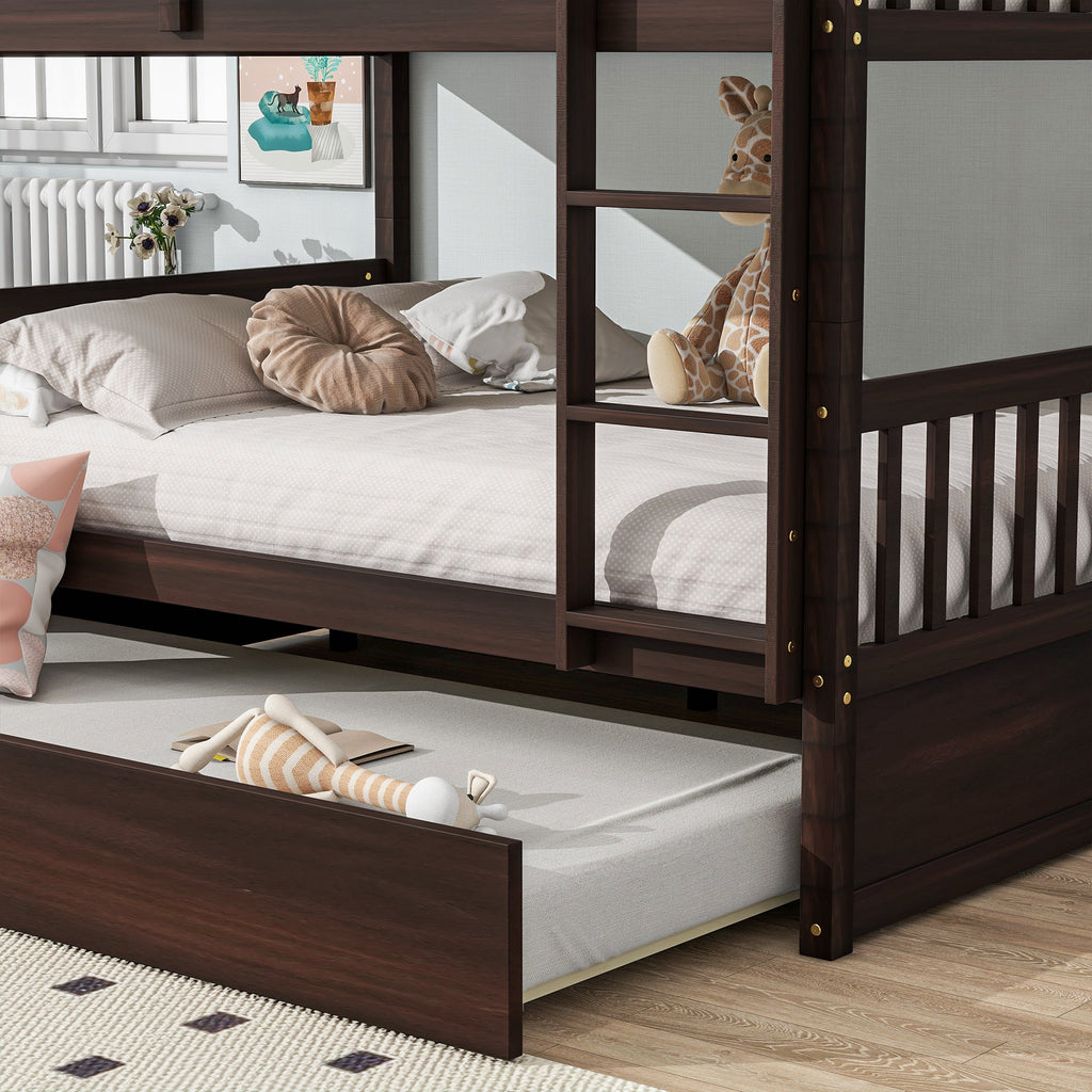 Full Over Full Rubber Wood Bunk Bed with Trundle, Ladder and Guardrails, Convertible to 2 Full Size Beds, with Twin Size Trundle ,Espresso