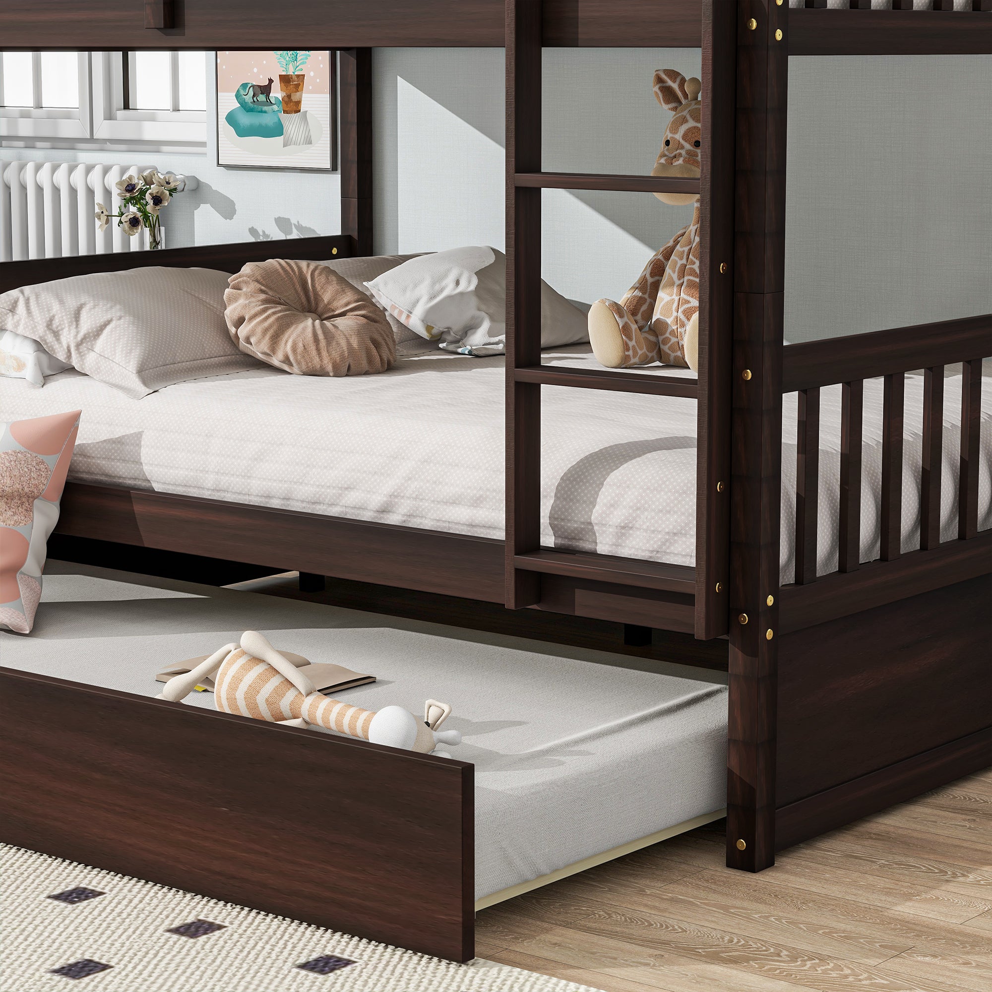 Full Over Full Rubber Wood Bunk Bed with Trundle, Ladder and Guardrails, Convertible to 2 Full Size Beds, with Twin Size Trundle ,Espresso