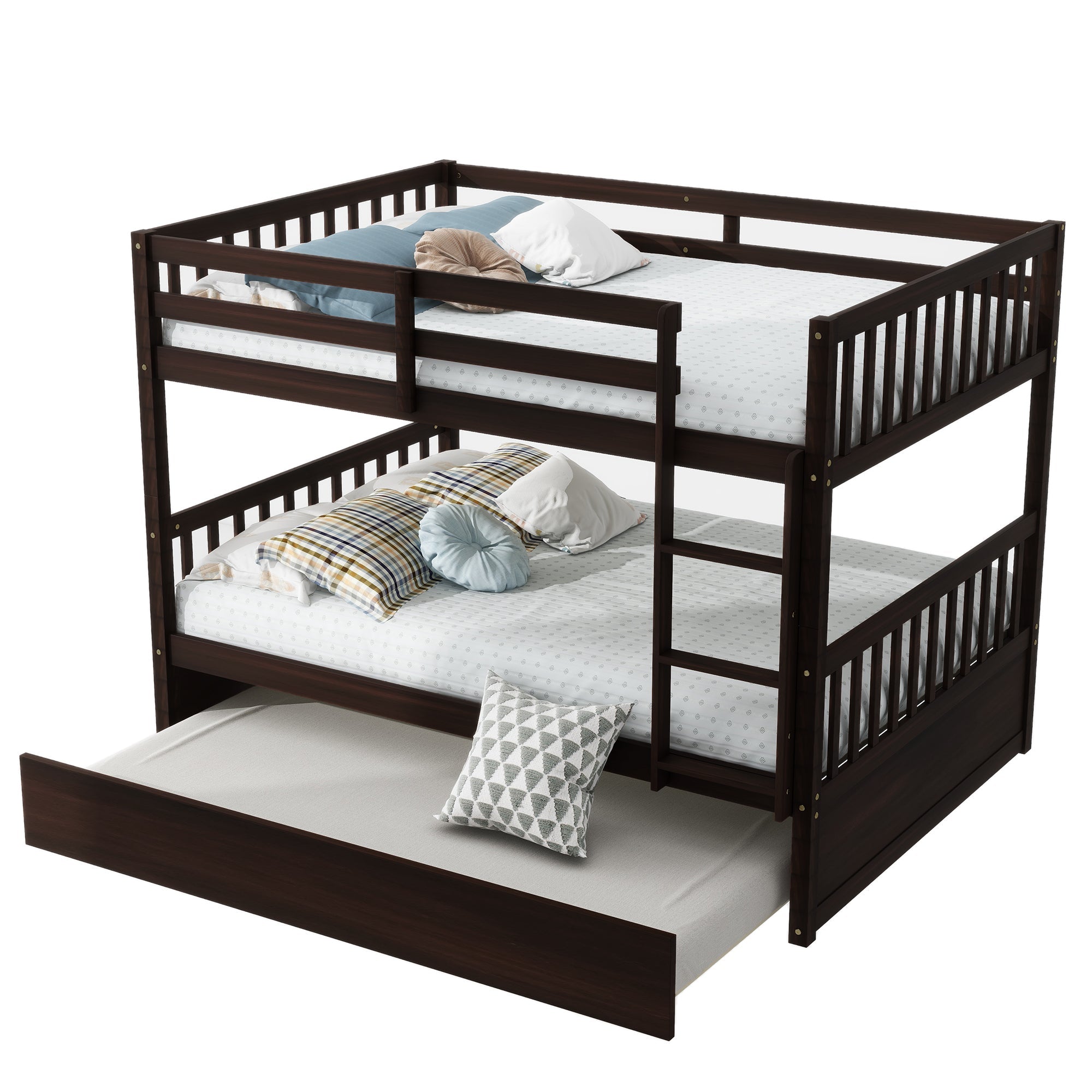 Full Over Full Rubber Wood Bunk Bed with Trundle, Ladder and Guardrails, Convertible to 2 Full Size Beds, with Twin Size Trundle ,Espresso