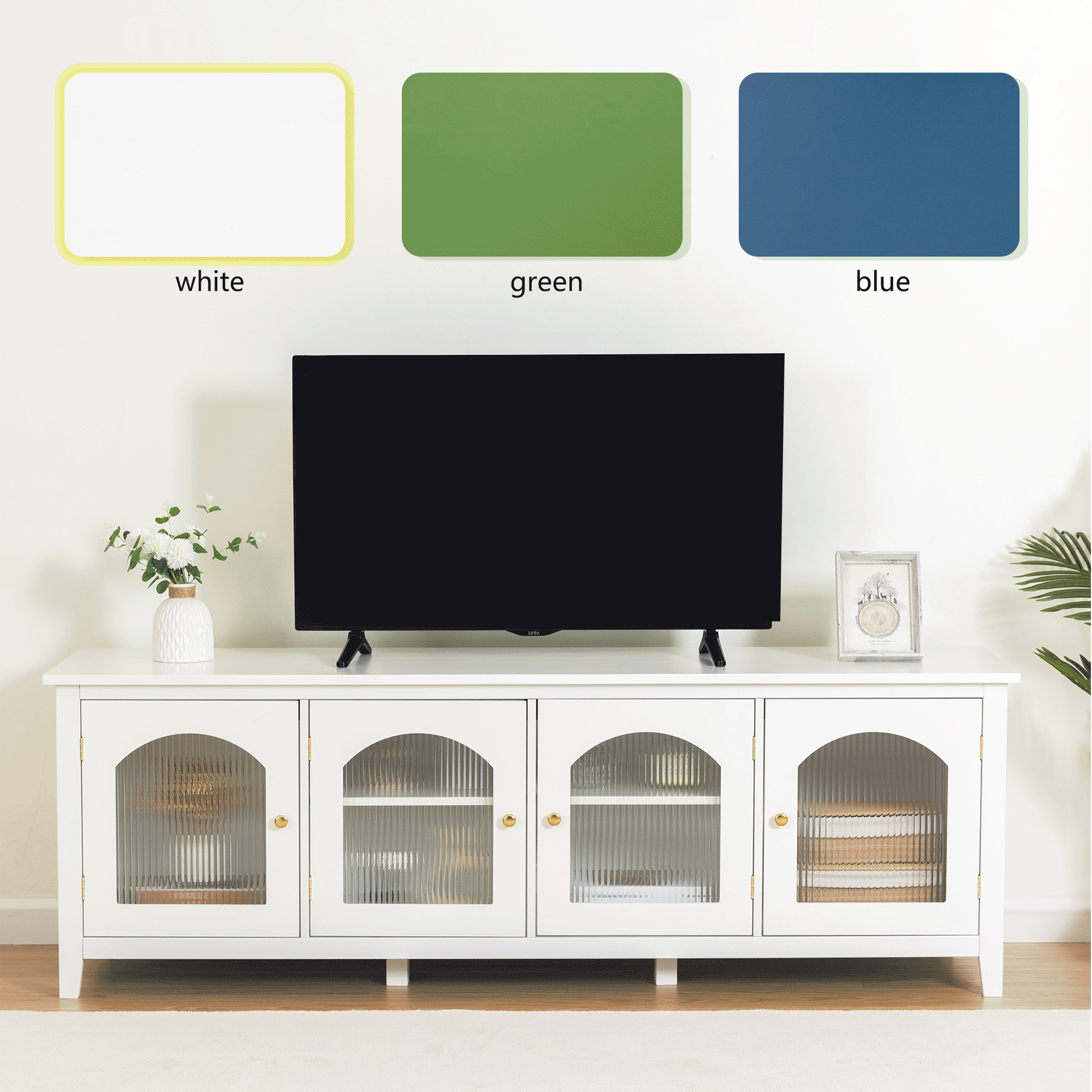 Antique White Stylish TV Cabinet Entertainment Center with Solid Wood Frame and Changhong Glass Door