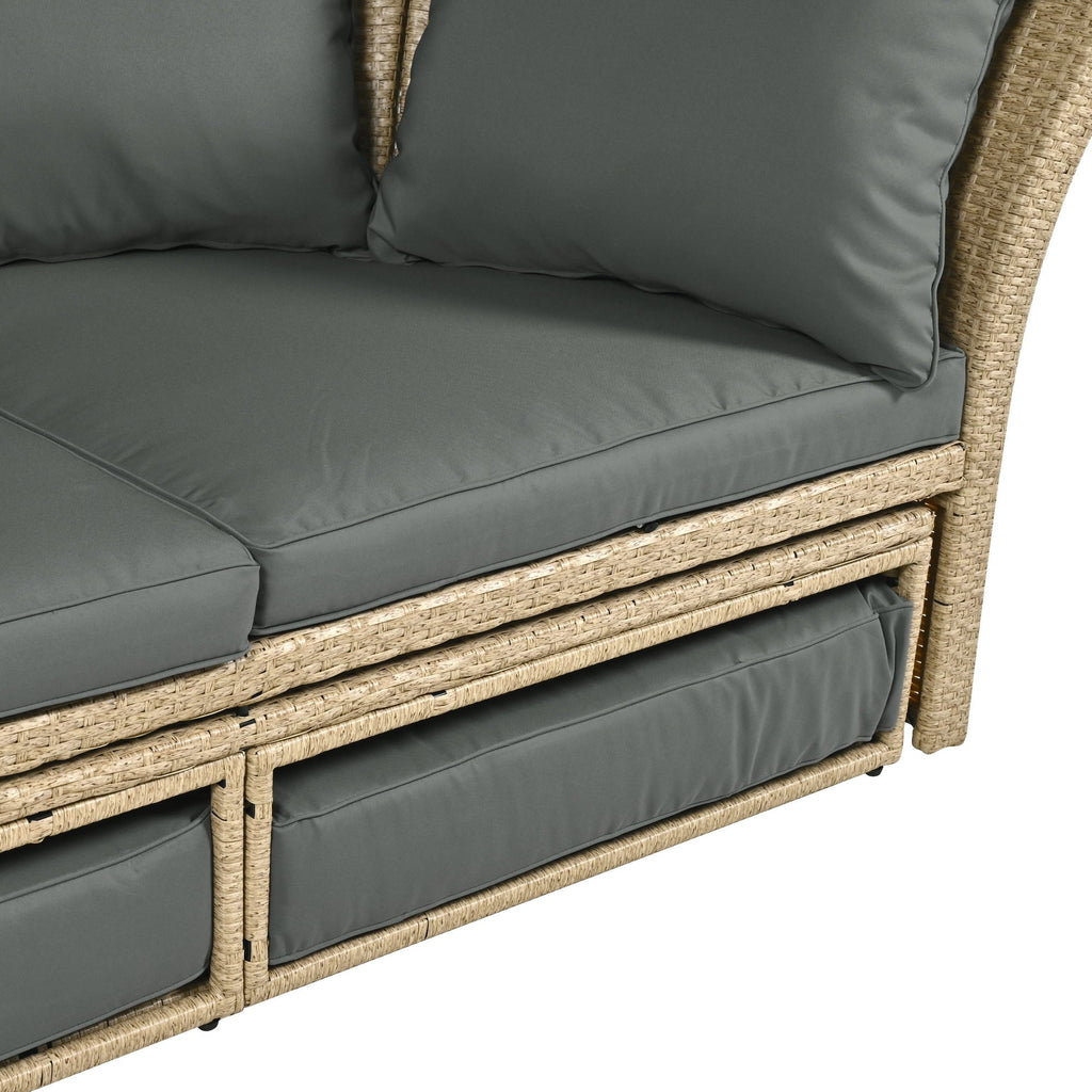 Outdoor Patio Daybed Wicker Rattan Double Daybed with Retractable Canopy, Grey, Polyester Upholstery, 71.7 x 63.4 x 62.2 inches