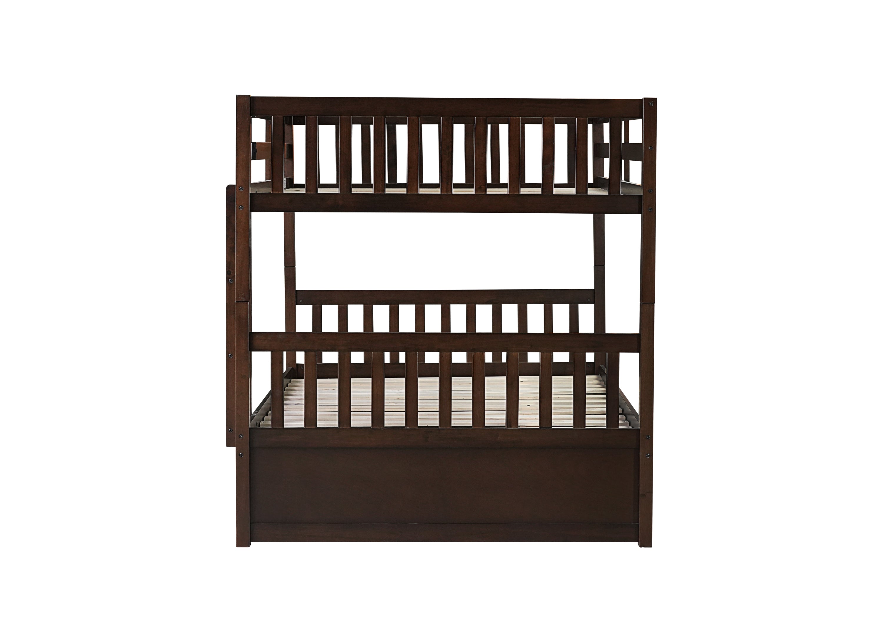 Full Over Full Rubber Wood Bunk Bed with Trundle, Ladder and Guardrails, Convertible to 2 Full Size Beds, with Twin Size Trundle ,Espresso