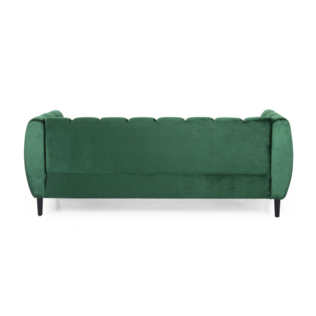Miranda Velvet 3-Seater Sofa with Channel Stitching in Emerald Velvet and Birch Wood Legs
