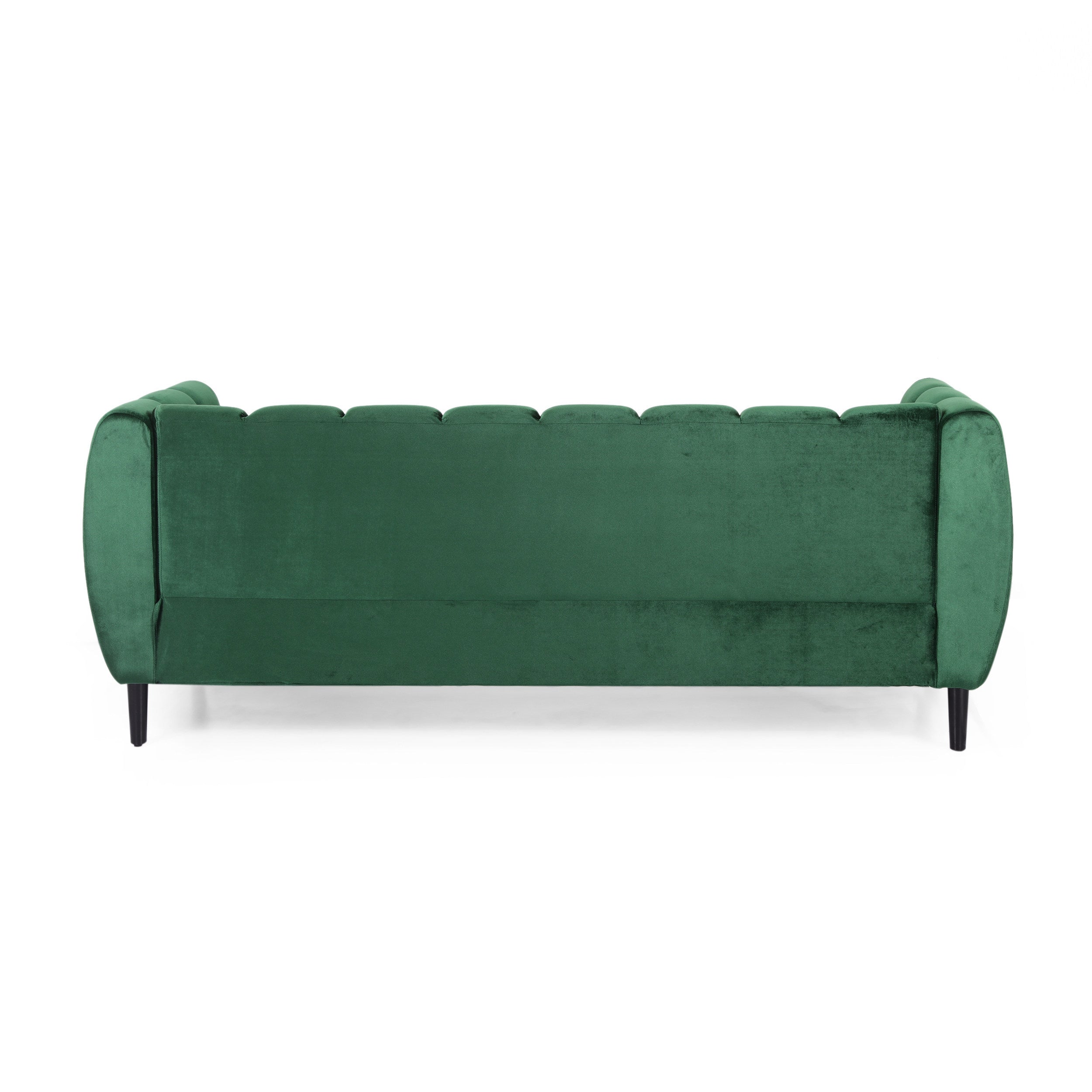 Miranda Velvet 3-Seater Sofa with Channel Stitching in Emerald Velvet and Birch Wood Legs