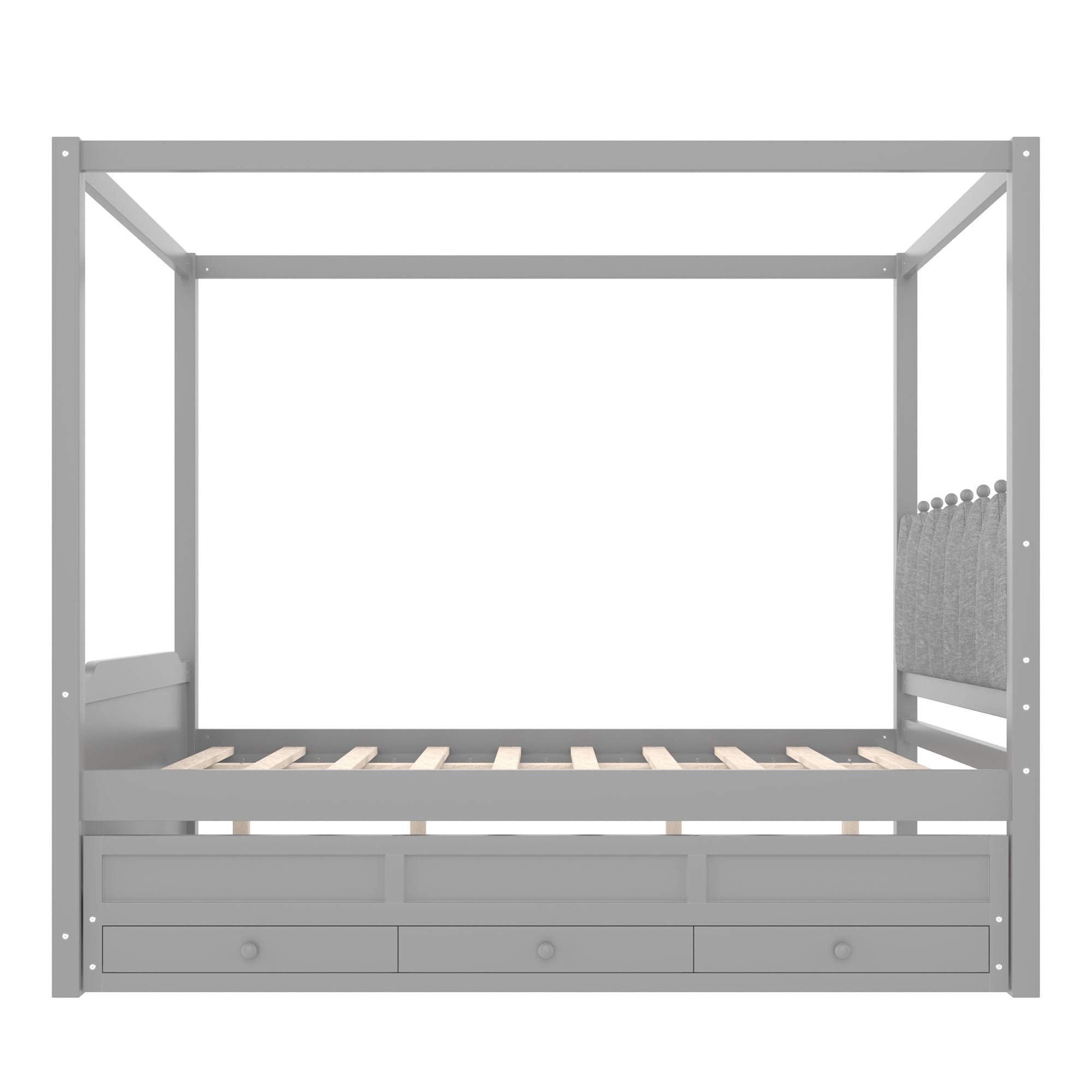 Full Platform Bed with Upholstered Headboard,Twin Size Trundle and 3 Drawers,Princess Canopy Bed Frame for Kids,Storage & Easy Assembly,Gray.