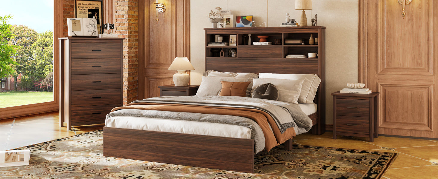 4PCS Bedroom Sets, Wooden Queen Size Bed Frame with Storage Headboard and Charging Station, 2 Nightstands with 2 Drawers, 1 Dresser with 5 Drawers, Walnut(old SKU HL000102AAD)