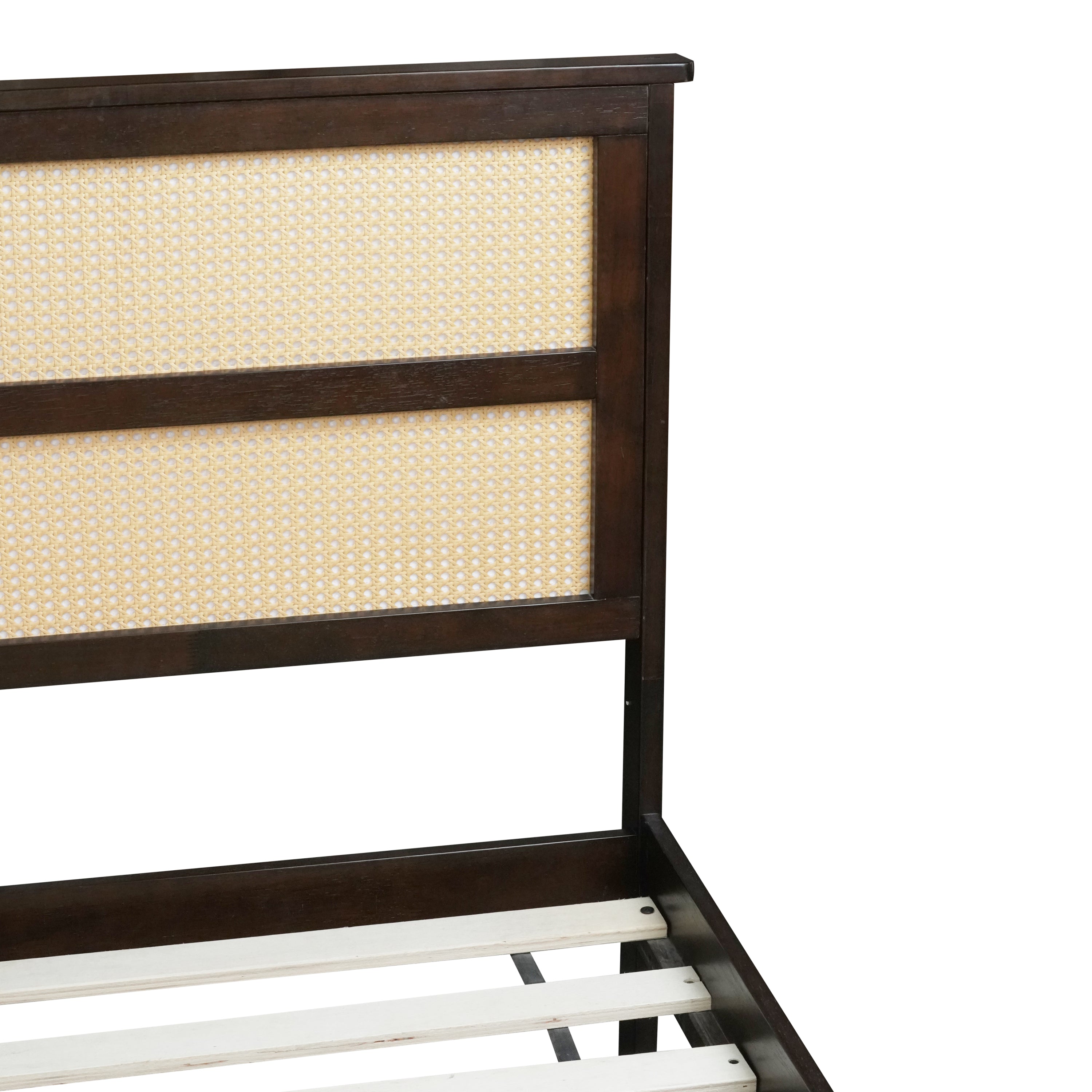 Queen Size Rubber Wooden, Solid Wooden Bed with Rattan Headboard, Enhanced by Support Feet,Espresso