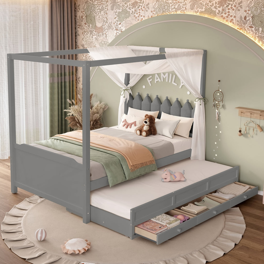 Full Platform Bed with Upholstered Headboard,Twin Size Trundle and 3 Drawers,Princess Canopy Bed Frame for Kids,Storage & Easy Assembly,Gray.