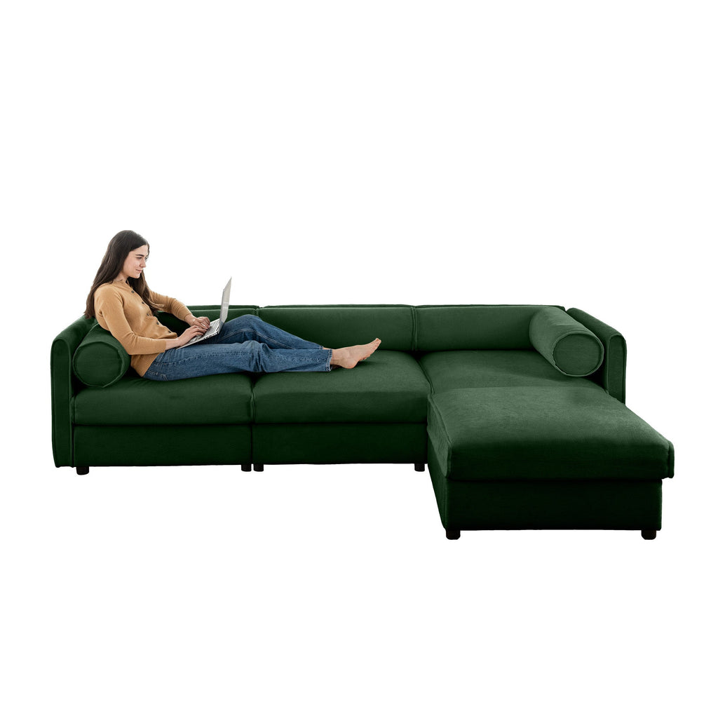Elegant Green Chenille  Sofa with Storage Seat and Ottoman, L-Shaped 3-Seater Cylindrical Backrest and Armrests, Contemporary 3-Seater Fabric Couch with Hidden Storage Compartment