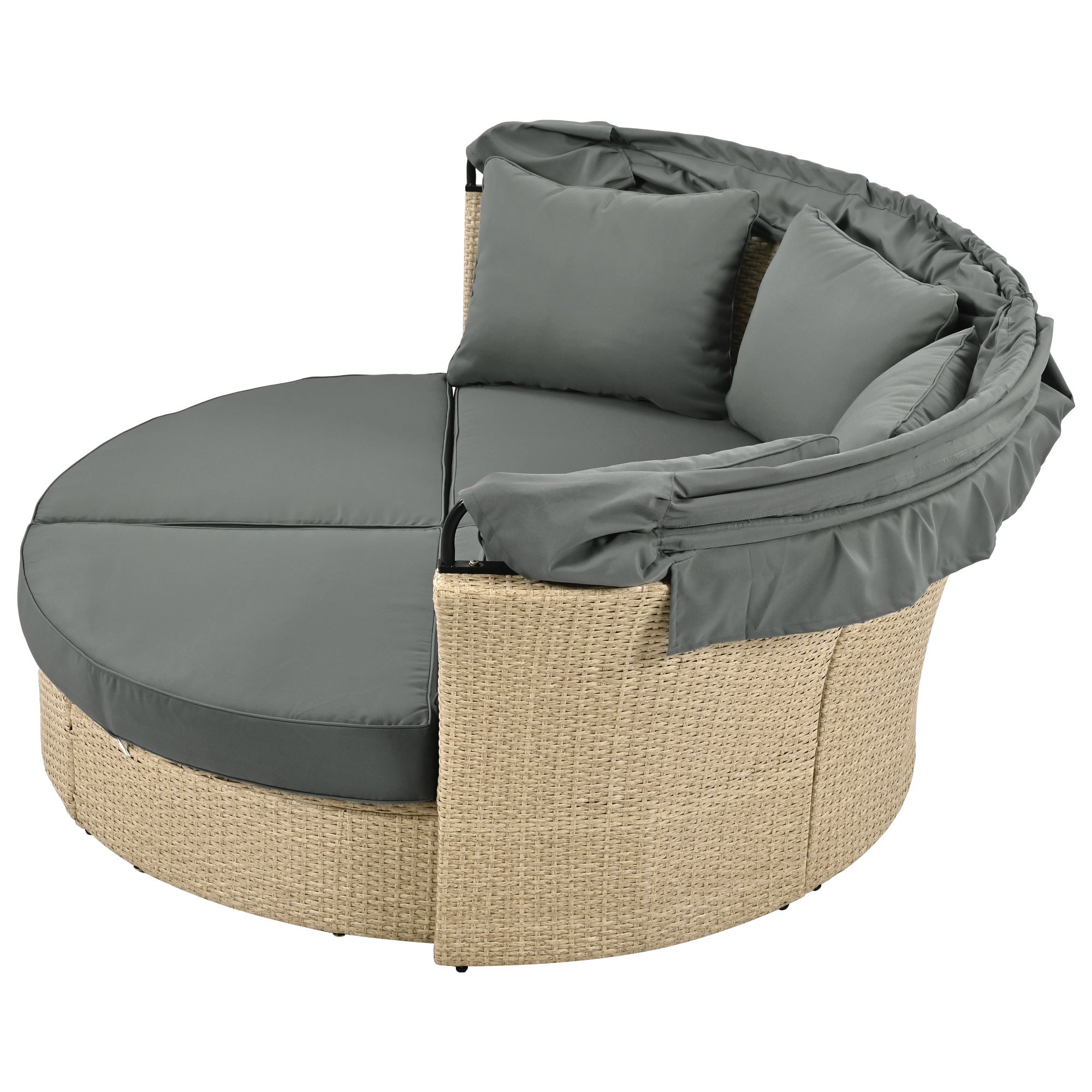 Outdoor Patio Daybed Wicker Rattan Double Daybed with Retractable Canopy, Grey, Polyester Upholstery, 71.7 x 63.4 x 62.2 inches