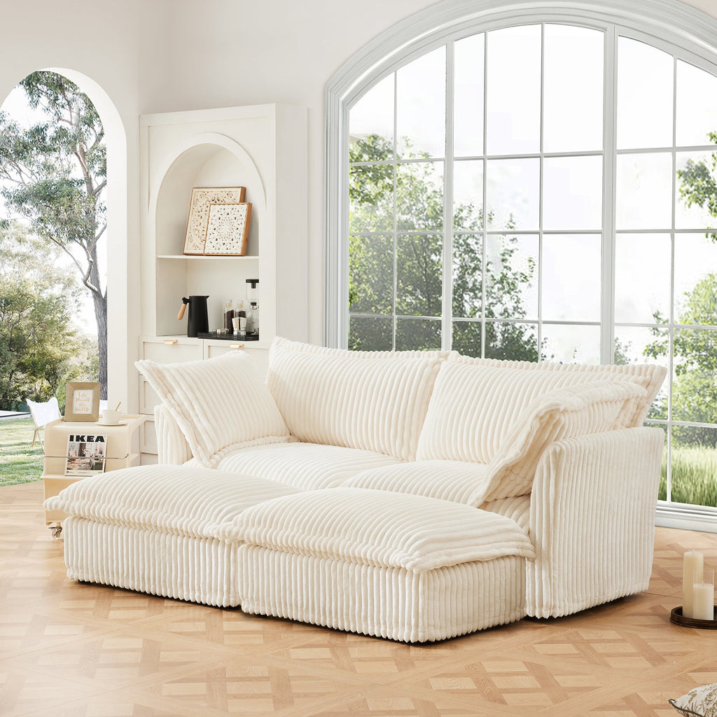 Slipcovered Sofa 2 Seater Sofa    With 2 Ottomans, 2 Seater Sleeper Sofa Bed Home Theater Oversized Sofa For Living Room, Corduroy, Cream