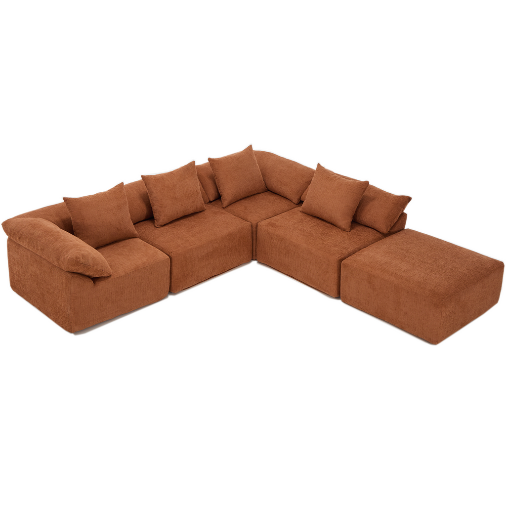 142' L Shaped Modular Sectional Sofa,No Assembly,5 Piece Couch, Convertible Sleeper Couch,Full-Compressed Couch,Free-Combined Couches,5 Seat & Ottoman,Chenille,Orange
