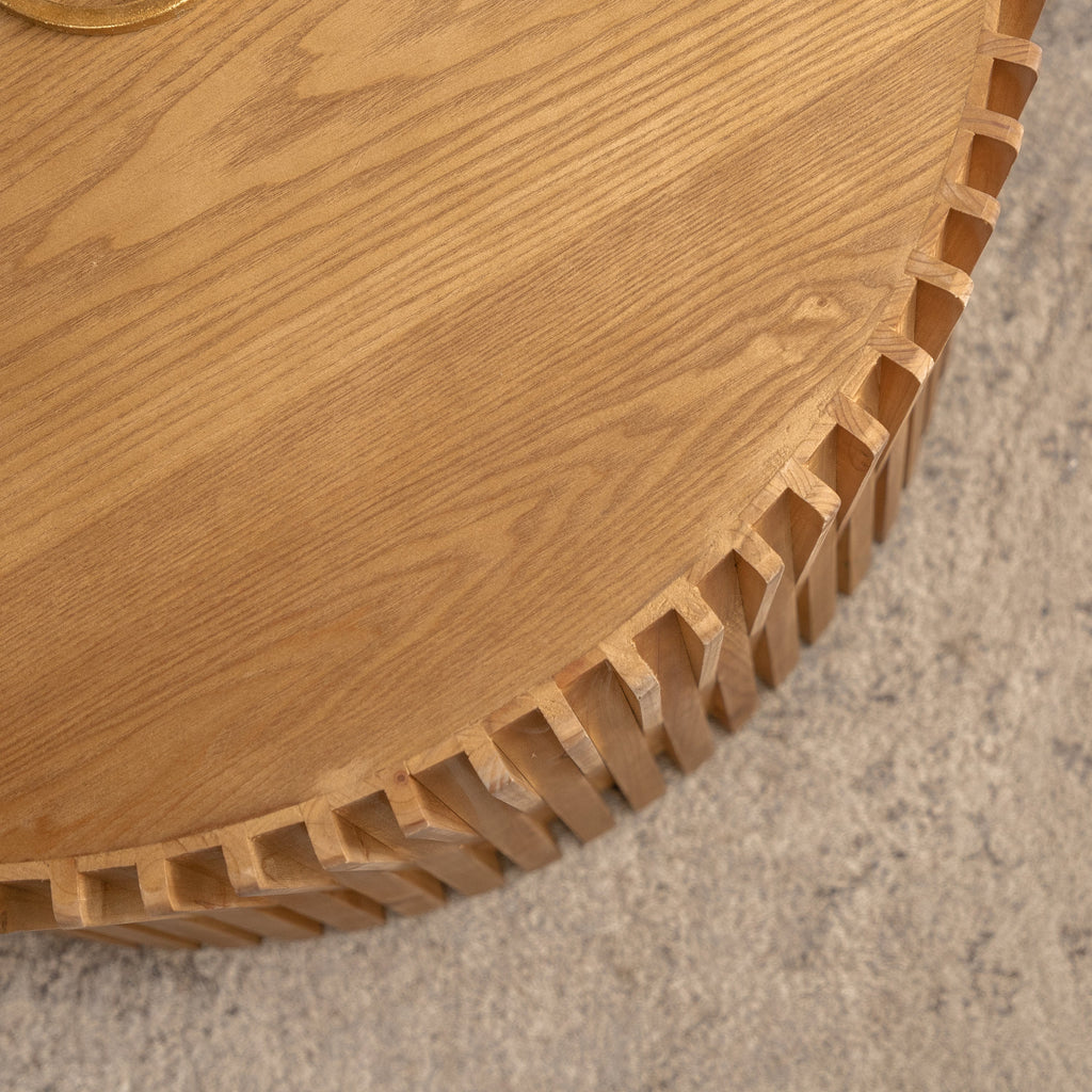 Vintage Fashion Style Cylindrical Nesting Coffee Table Set with Vertical Textured Embossed Design for Living Room, Office and Dining Room, Natural (Set of 2)