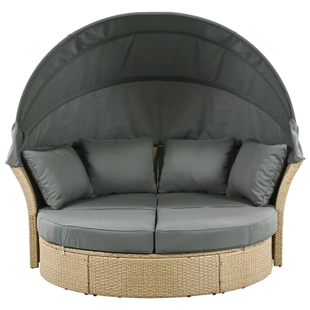 Outdoor Patio Daybed Wicker Rattan Double Daybed with Retractable Canopy, Grey, Polyester Upholstery, 71.7 x 63.4 x 62.2 inches