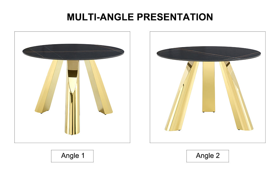 The 42-inch stainless steel gold-plated flamed granite round table with seating for 4 or 6 people is perfect for dining, entertaining, or as a conference table