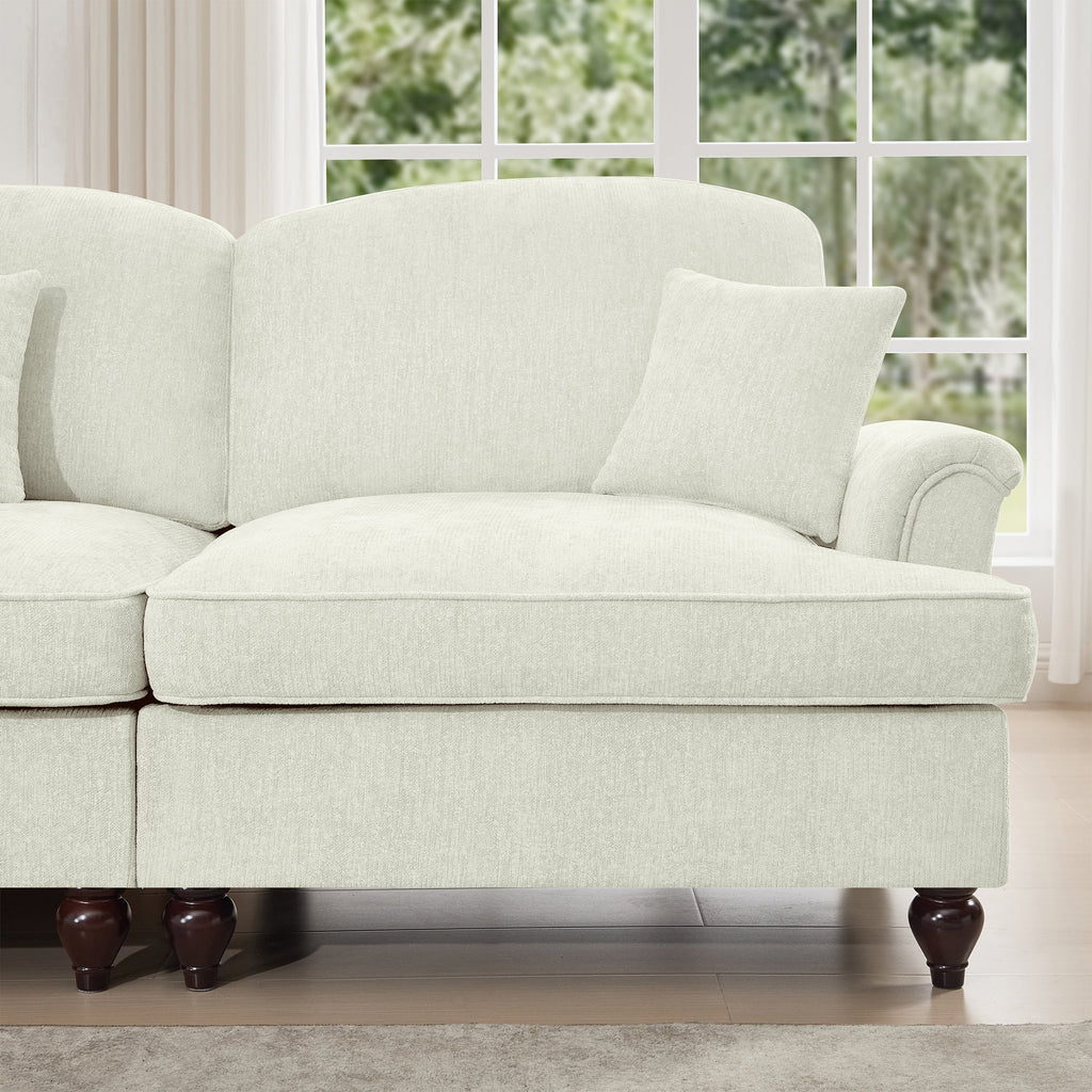 Elegant Mid Century Large 3 Seater Sofa Couch with Flared Arms and Removable Ruffles Pleats Skirts and Spindle Legs, Comfy Chenille Three-Seat Sofa for Living Room, Beige White