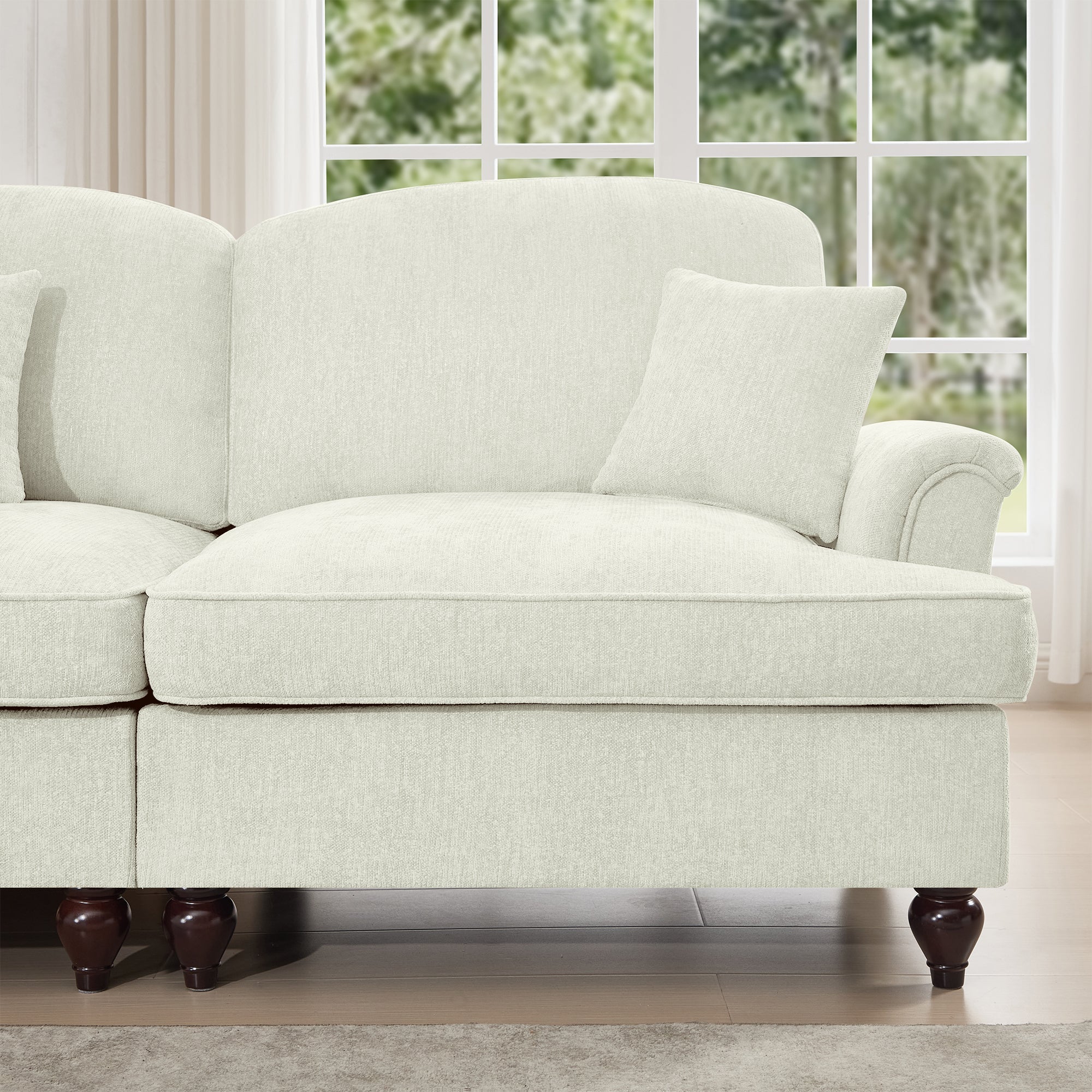 Elegant Mid Century Large 3 Seater Sofa Couch with Flared Arms and Removable Ruffles Pleats Skirts and Spindle Legs, Comfy Chenille Three-Seat Sofa for Living Room, Beige White