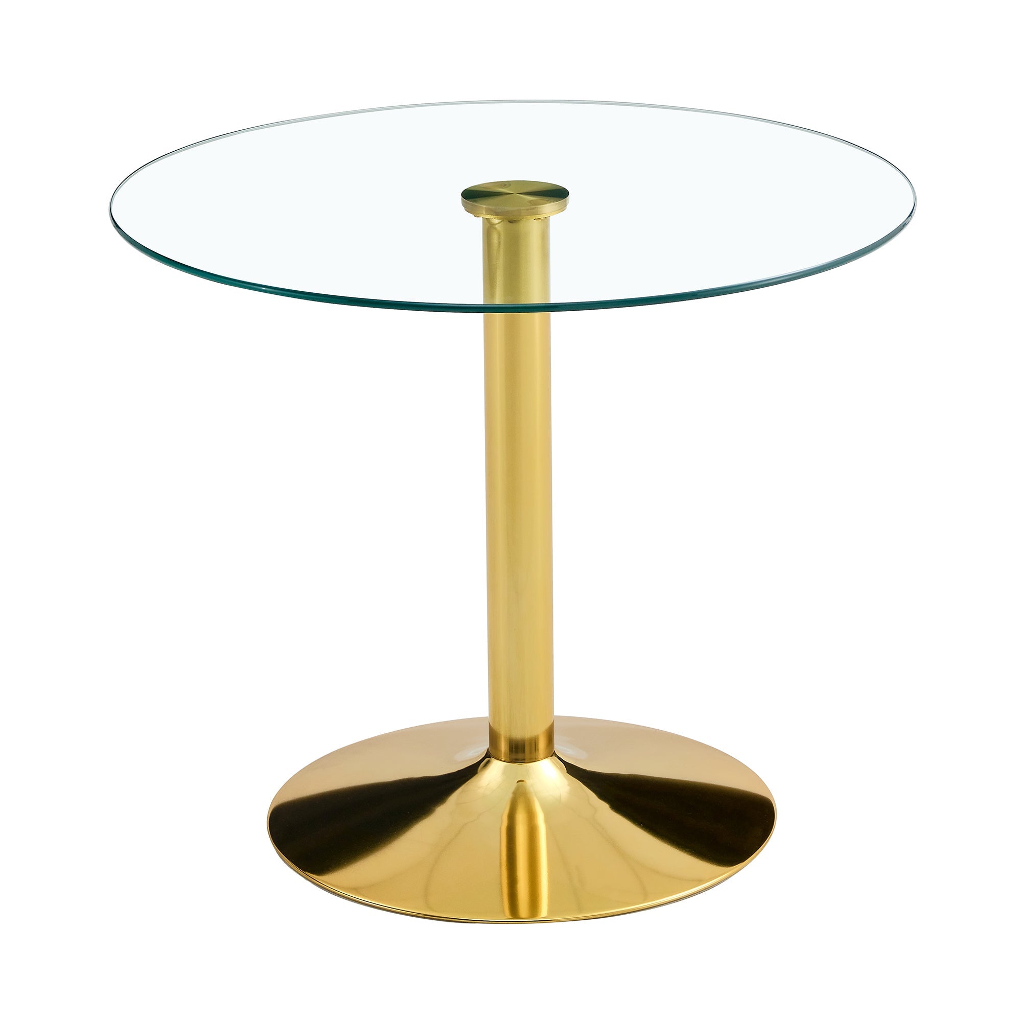 A 35-inch diameter glass top and a modern, minimalist round dining table with gold metal legs. Ideal for dining rooms, living rooms and meeting rooms.W1151P263755