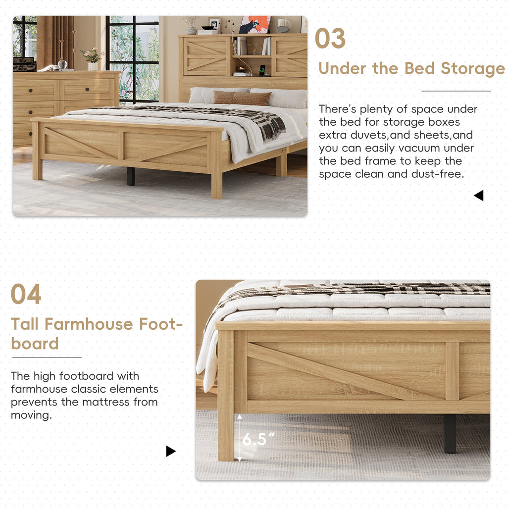 3-Pieces Bedroom Sets Queen Size Farmhouse Platform Bed with Double Sliding Door Storage Headboard and Charging Station, Storage Nightstand and Dresser, Natural