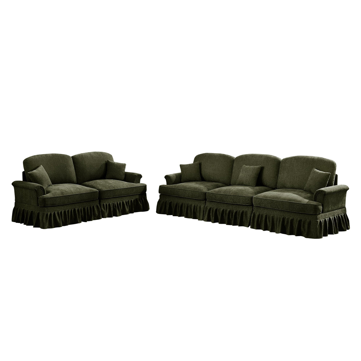 Classic 2 Piece Modular Couch Living Room Sofa Set with Flared Arms and Removable Ruffles Pleats Skirts and Spindle Legs, 3 Seater Sofa + 2-Seat Loveseat Sofa Sets for Living Room,Green