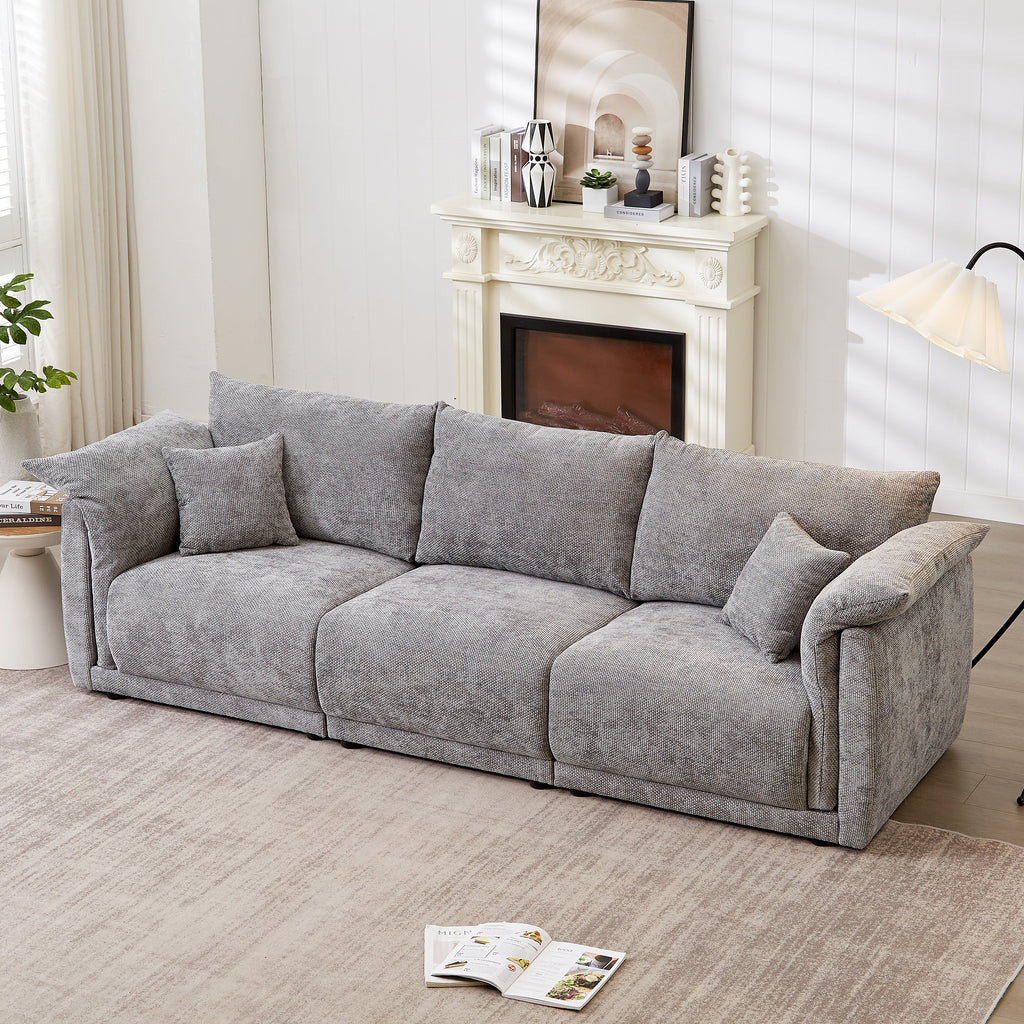 98.5' 3-seater sofa with unique design and soft arm pillows Contemporary style linen sofa with 3 comfortable cushions with 2 pillows Suitable for living room bedroom and office,grey