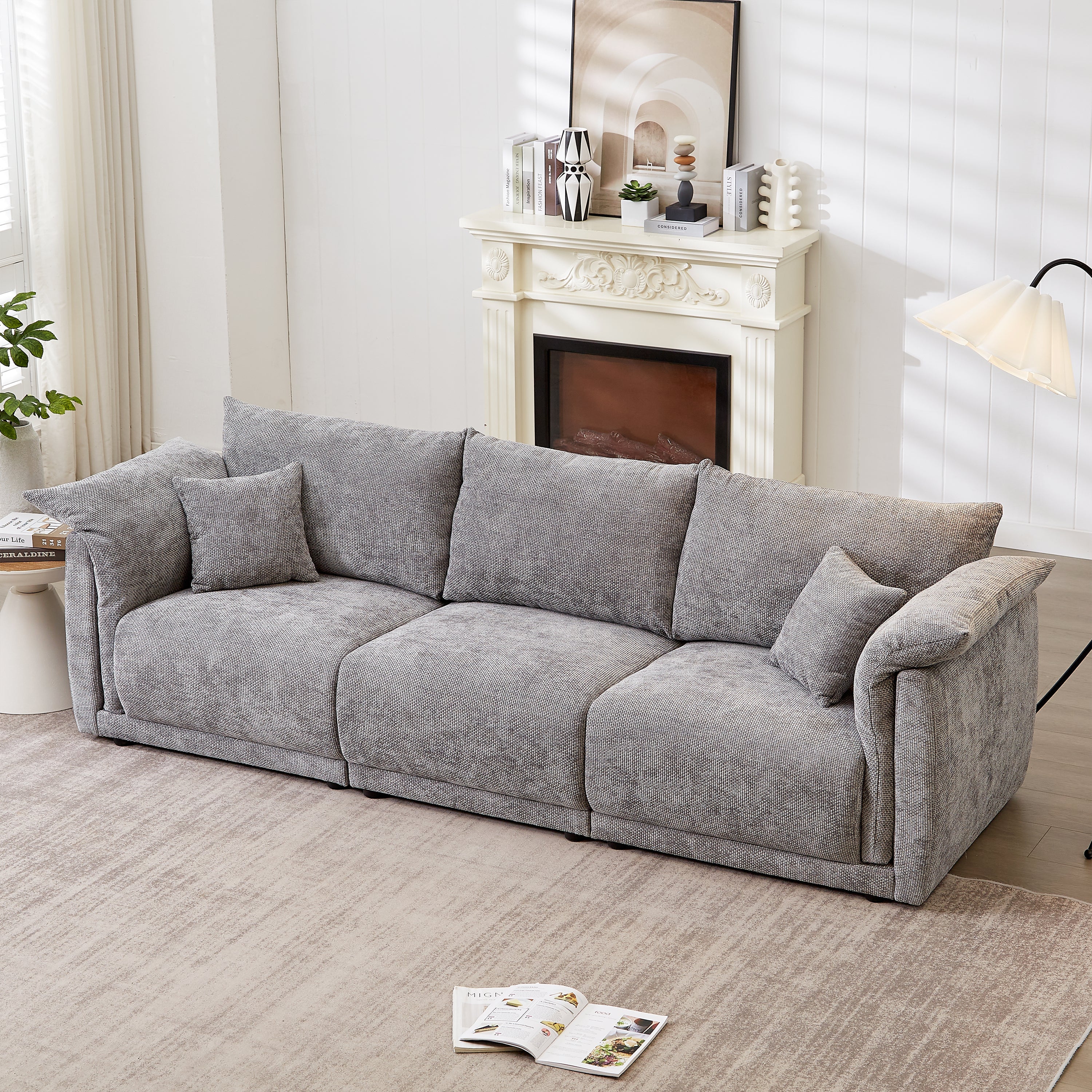 98.5' 3-seater sofa with unique design and soft arm pillows Contemporary style linen sofa with 3 comfortable cushions with 2 pillows Suitable for living room bedroom and office,grey