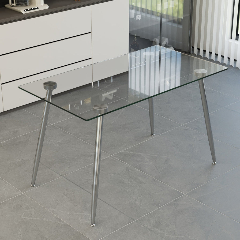 Glass Dining Table, Modern Rectangular Table with Tempered Glass Tabletop & Sliver metal Legs, Simplistic Kitchen Table, Versatile Table for Home Office (0 damage)