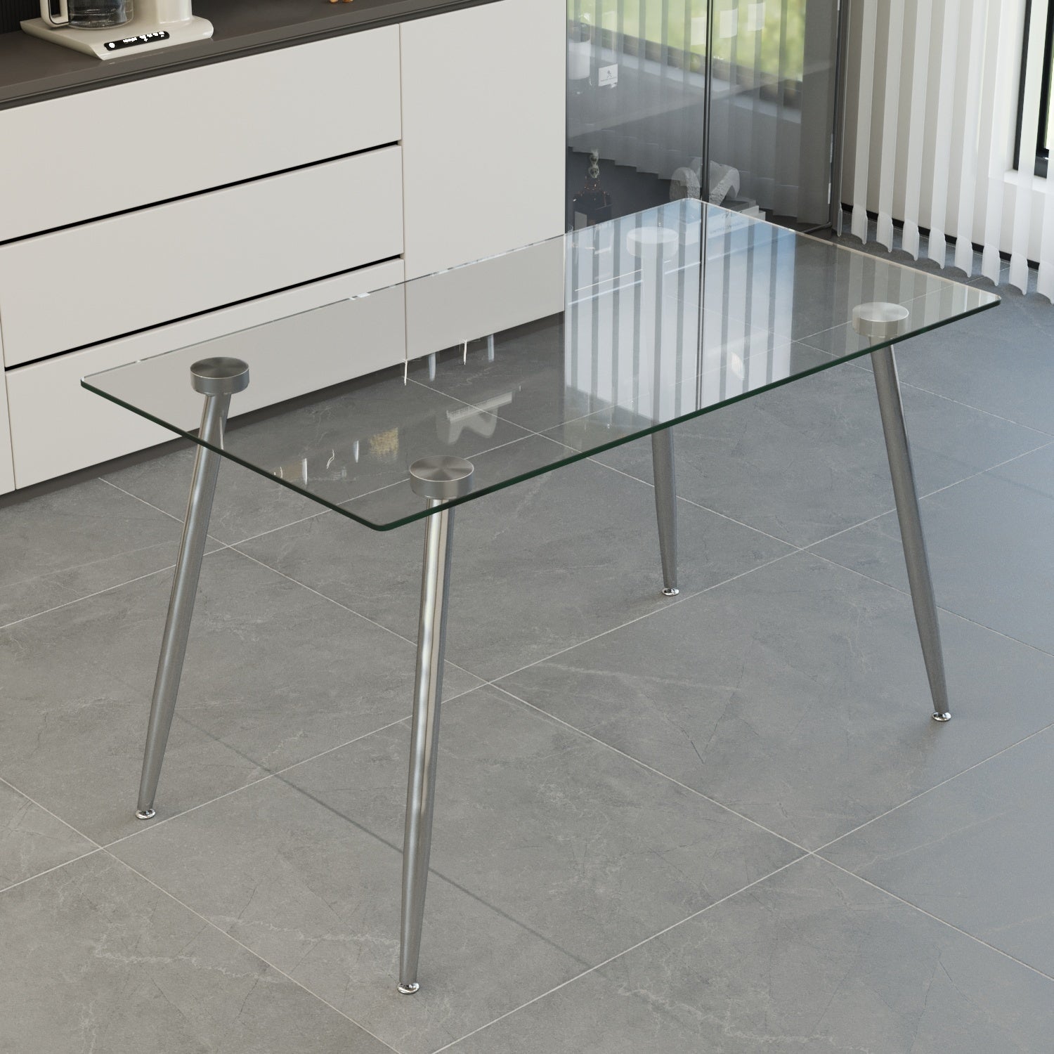 Glass Dining Table, Modern Rectangular Table with Tempered Glass Tabletop & Sliver metal Legs, Simplistic Kitchen Table, Versatile Table for Home Office (0 damage)