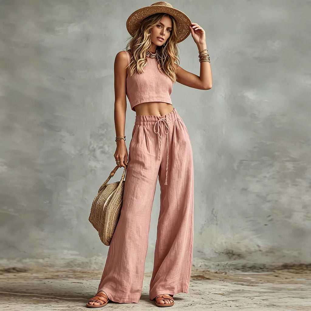 Women's Sleeveless Vest & Drawstring High-Waist Wide-Leg Pants Set