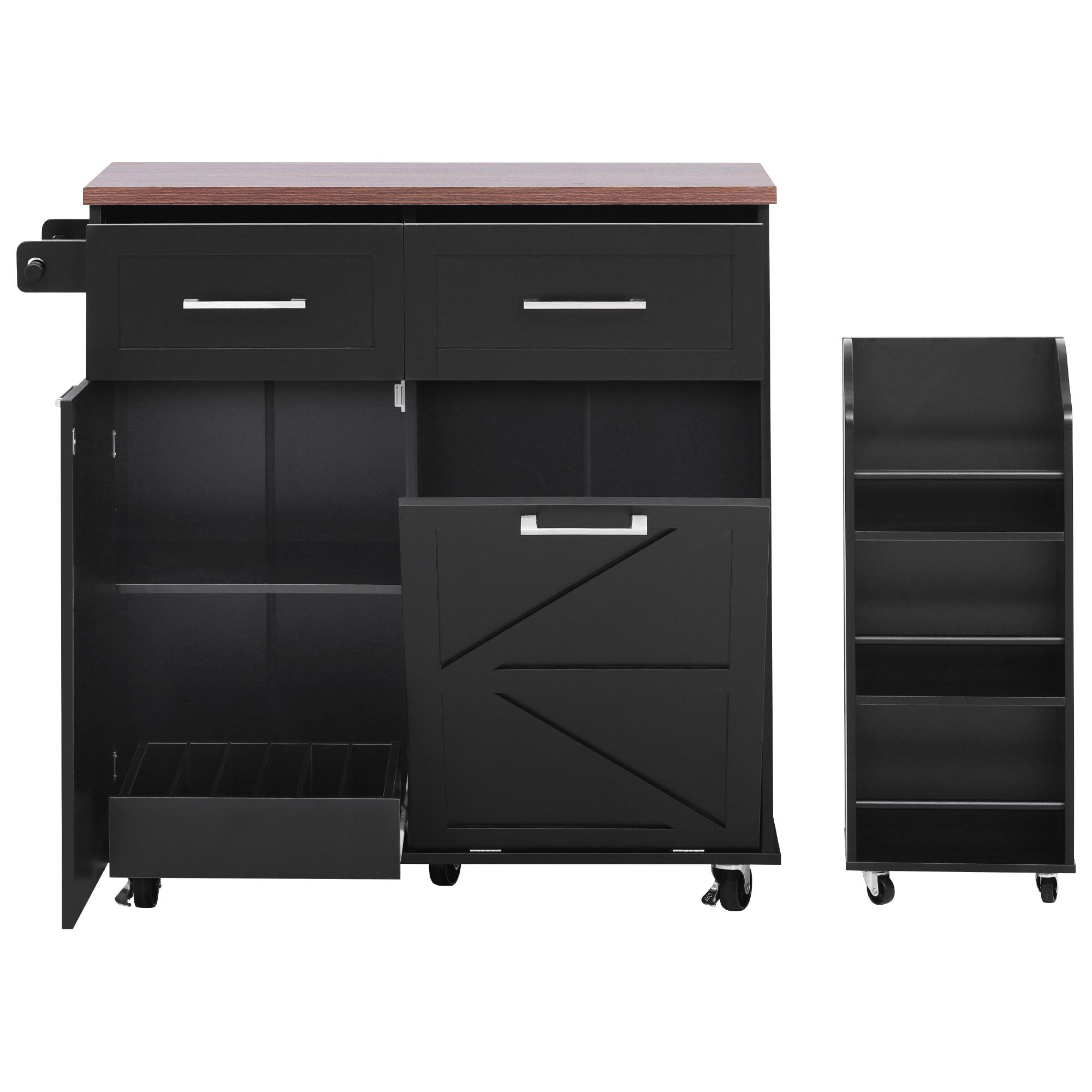 K&K 47.2' Farmhouse Kitchen Island with Drop Leaf, Kitchen Storage Island with Removable Side Racks, Two Drawers, Rolling Kitchen Cart on Wheels with Towel Rack, for Home, Kitchen, Dining Room, Black
