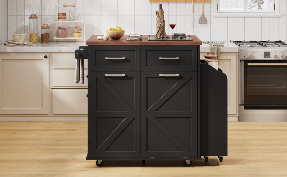 K&K 47.2' Farmhouse Kitchen Island with Drop Leaf, Kitchen Storage Island with Removable Side Racks, Two Drawers, Rolling Kitchen Cart on Wheels with Towel Rack, for Home, Kitchen, Dining Room, Black