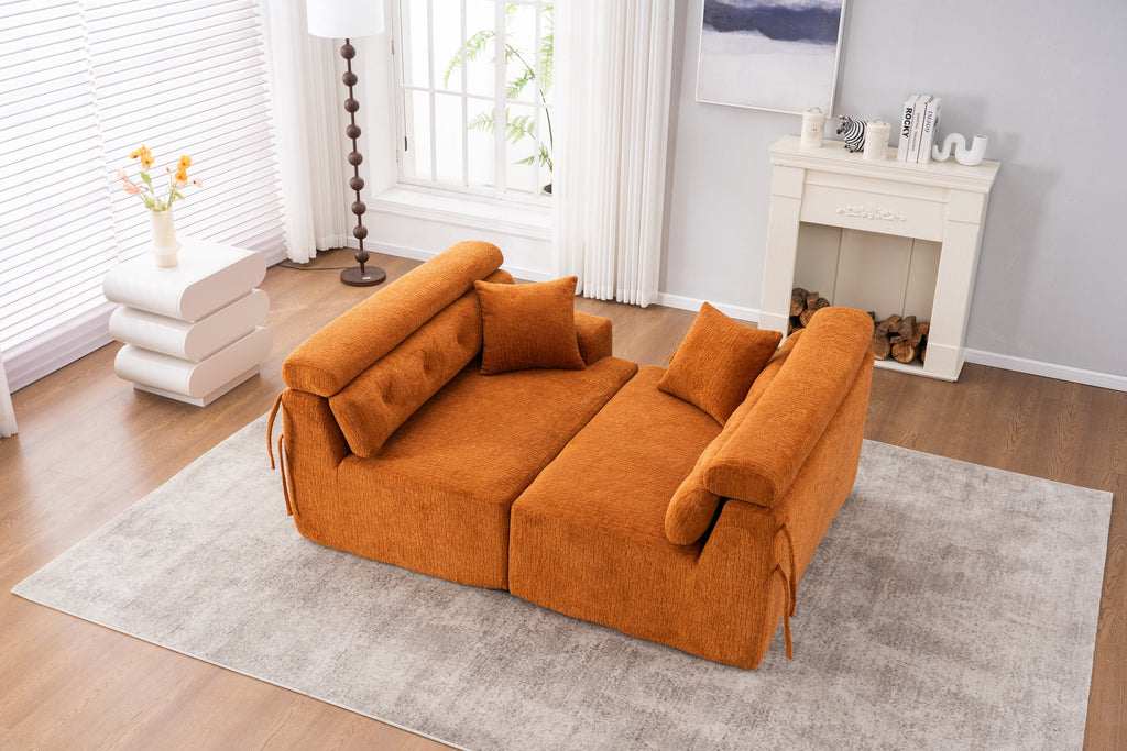 LY-029 Reconfigurable 4-Seater Sectional Sofa with Wood Grain Chenille Fabric, Amber Orange Modular Sofa with 2 Pillows, High-Density Sponge Couch for Living Room & Apartment
