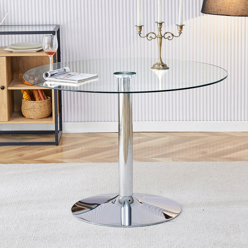 Modern Minimalist Circular Dining Table with Glass Top and Electroplated Silver Metal Legs for Restaurants and Living Rooms