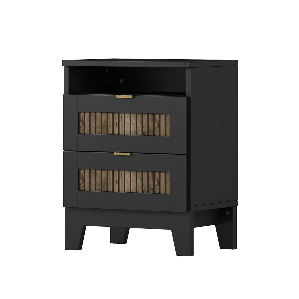 4-Pieces Bedroom Sets, Queen Size Farmhouse Platform Bed with Wooden Strip Stickers Decoration, Storage Nightstand and Dresser with Metal Handle, Black(Old SKU: HL000191AAB)