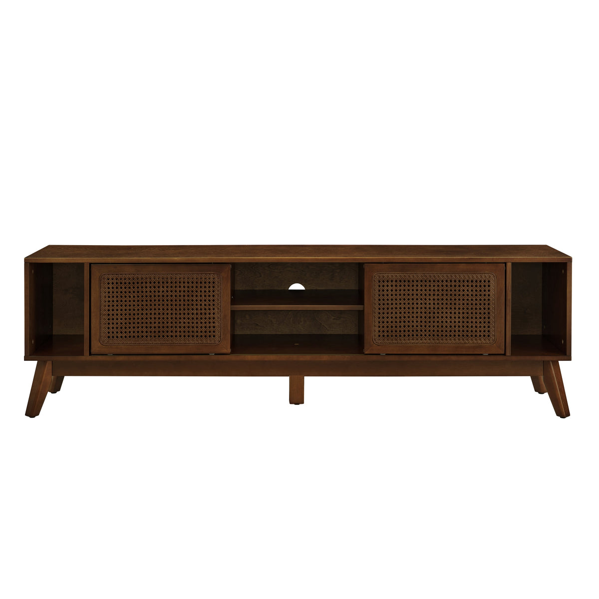 67.9 Inch Mid Century Modern Rattan TV Stand for TVs up to 75', Entertainment Cabinet, Media Console for Living Room Media Room, Solid Wood Feet & Rattan Cabinet Doors - Walnut
